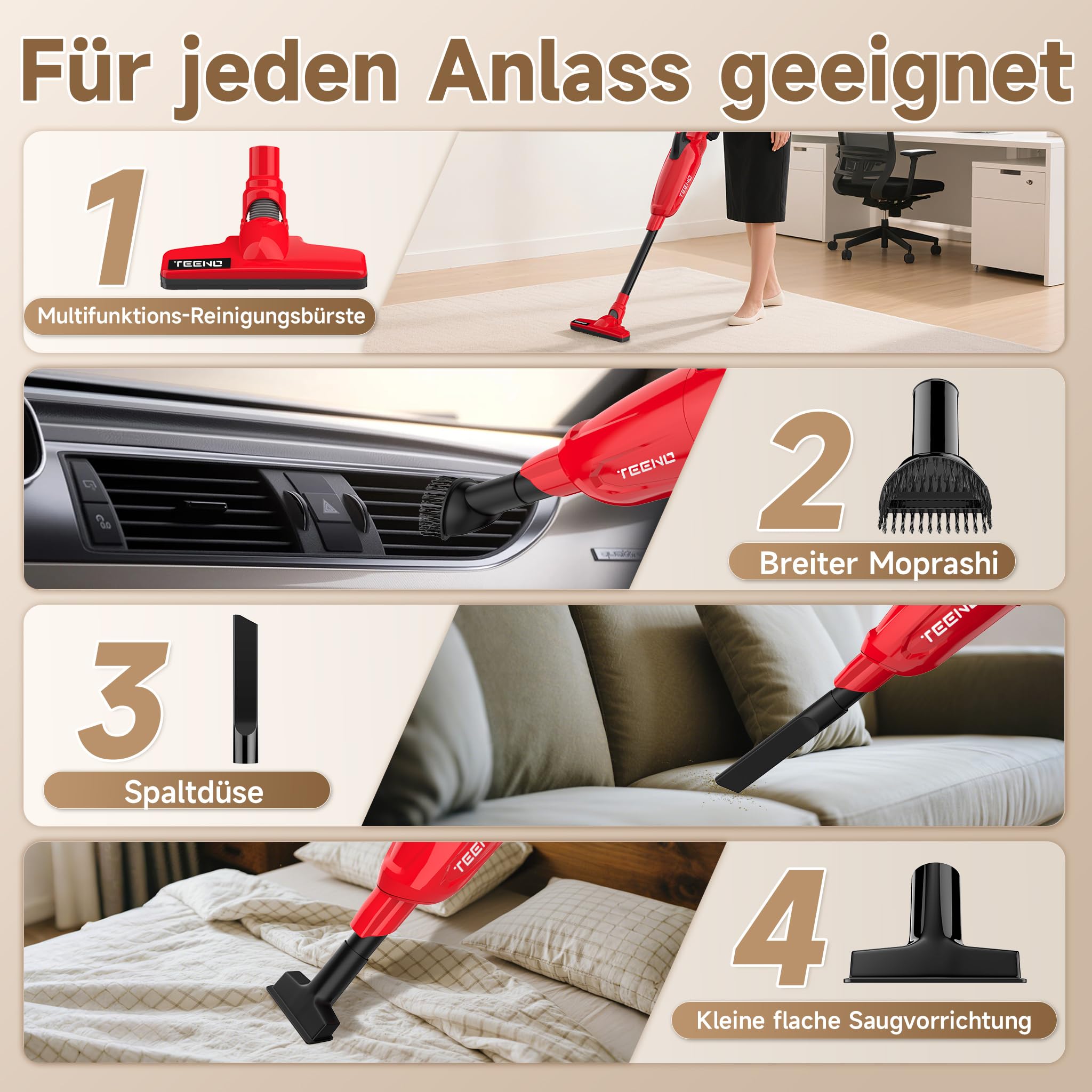 TEENO Akku Staubsauger Lithium 150W/13KPA mit 4Ah Li-Ion Akku für Haus, Auto, Büro & Sofa