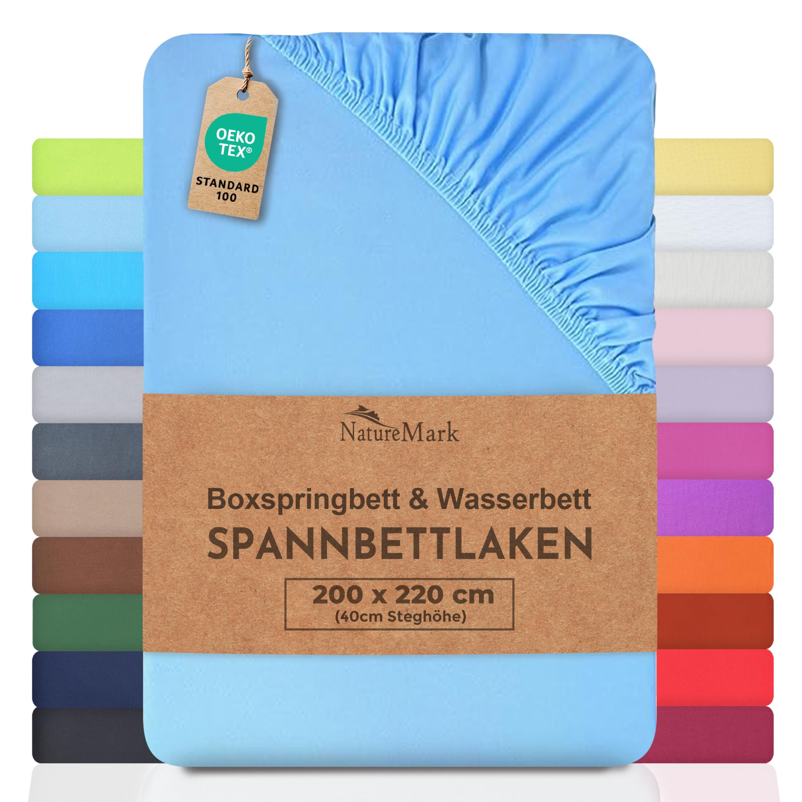 NatureMark Basic Boxspringbett & Wasserbett Spannbettlaken 200 x 220 cm - 40 cm Steghöhe - 200x220cm Spannbetttuch - 100% Baumwolle, Hell blau