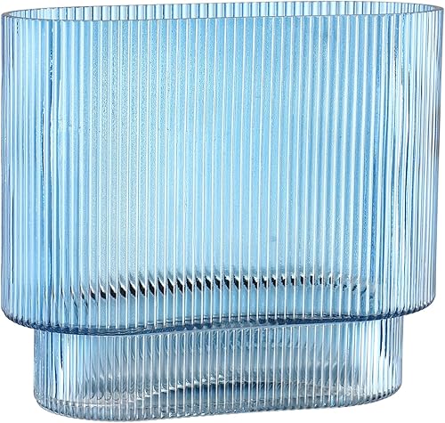 YANWE1 Jarrón de vidrio azul, florero de vidrio acanalado, florero de vidrio estriado para flores, florero moderno, jarrón grande de vidrio para