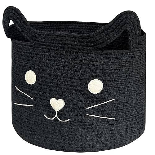 VK VKLIVING Cesta tejida de cuerda de algodón de 15 pulgadas de largo x 14 pulgadas de alto con diseño de gato, bonita cesta de regalo, cesta grande