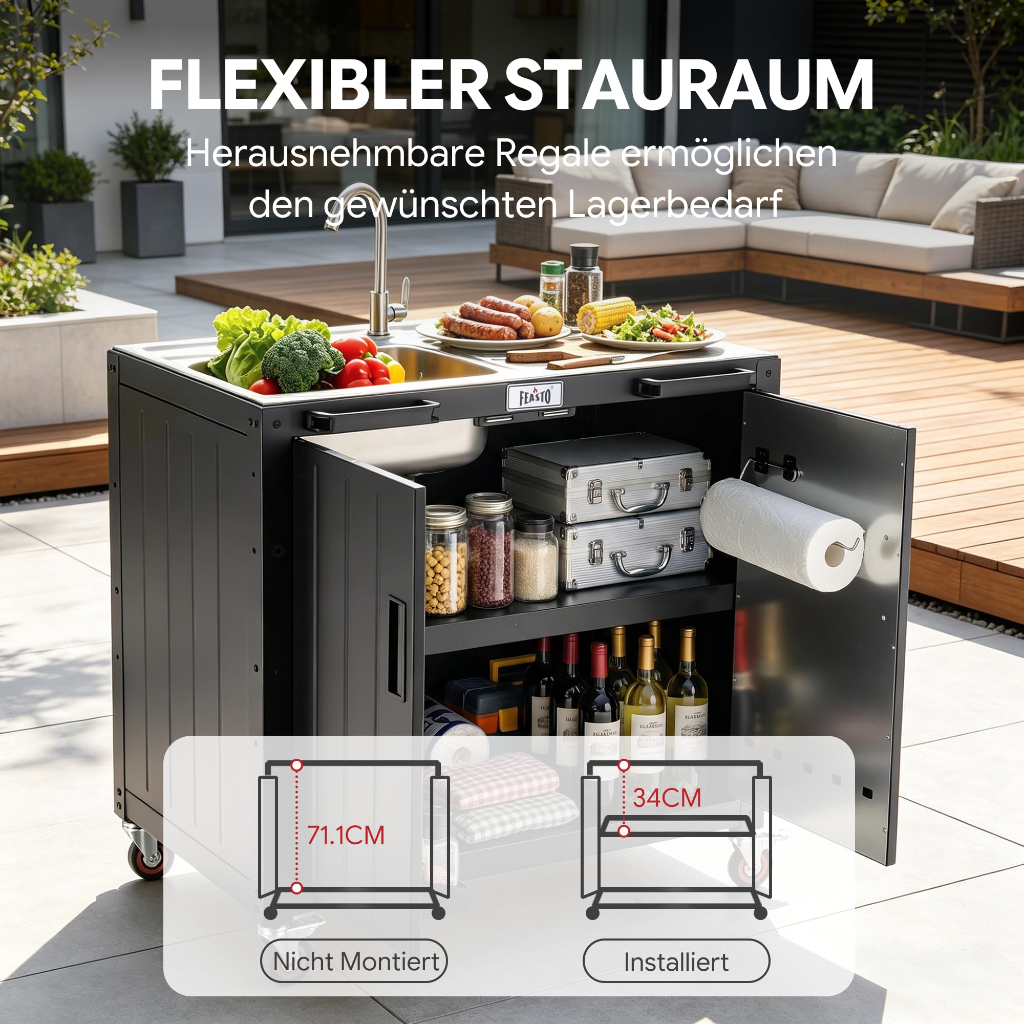 Outdoor Küche Spüle mit unterschrank Ausgussbecken Spülbecken | 89,5x65x120 cm Outdoor Grillwagen mit freistehendem Spülbecken, Schrank, Edelstahlplatte, für Außenküche, Gastro, Garage