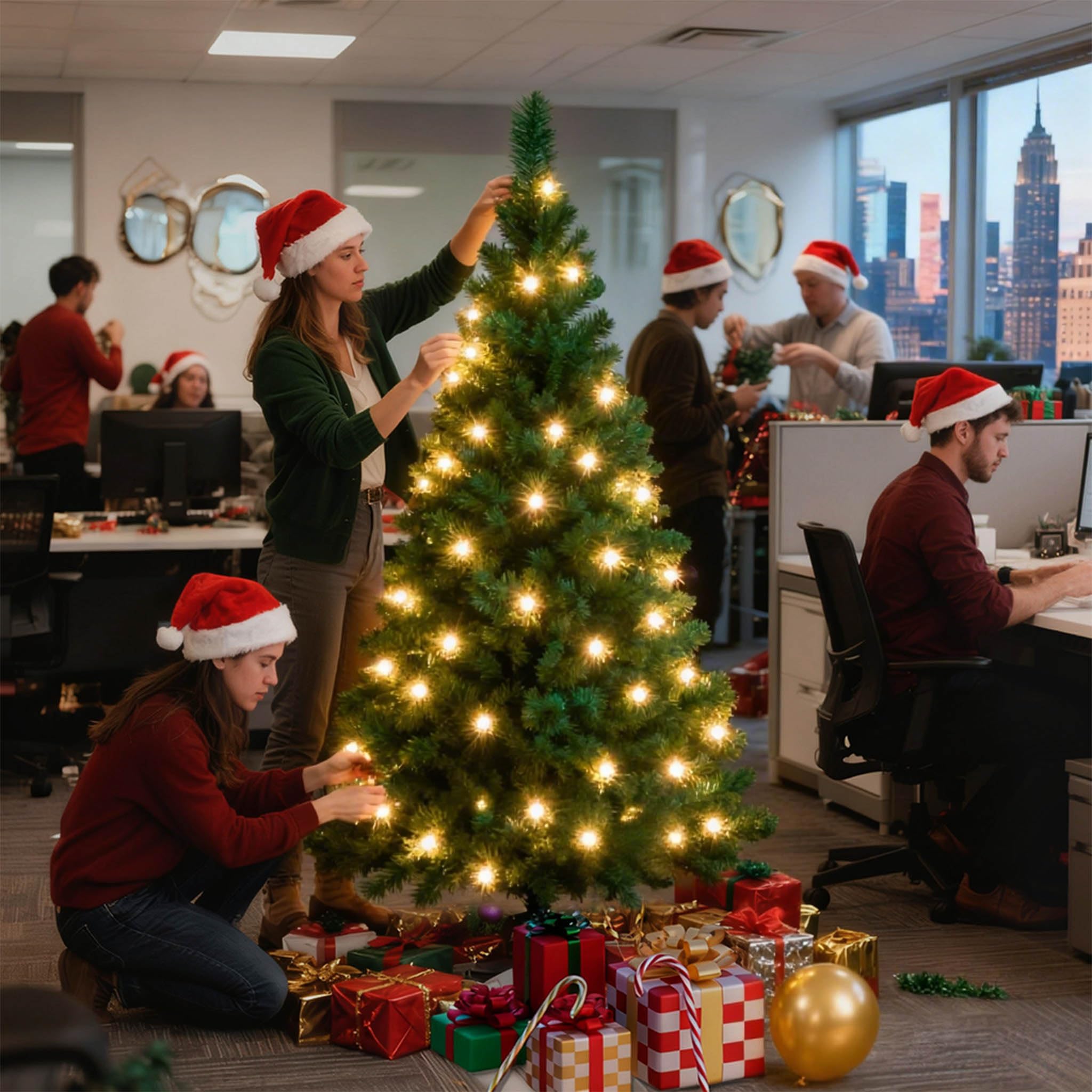 Aufun Árbol de Navidad Artificial con iluminación, 250 LED, luz Blanca cálida, Incluye Soporte de Metal, 570 Puntas, árbol de Navidad de PVC (180 cm, PVC Verde + LED)