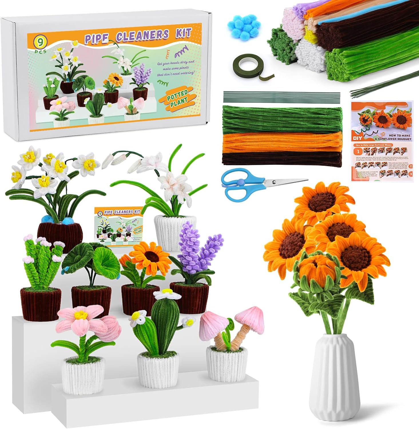 430PCS Pipe Cleaners Chenille Stem Craft Flower Supplies, Pipe Cleaner Flowers Crafts, Pipe Cleaners Plant Kit for DIY Craft Holiday Creative Decorations with Tutorial and Accessories