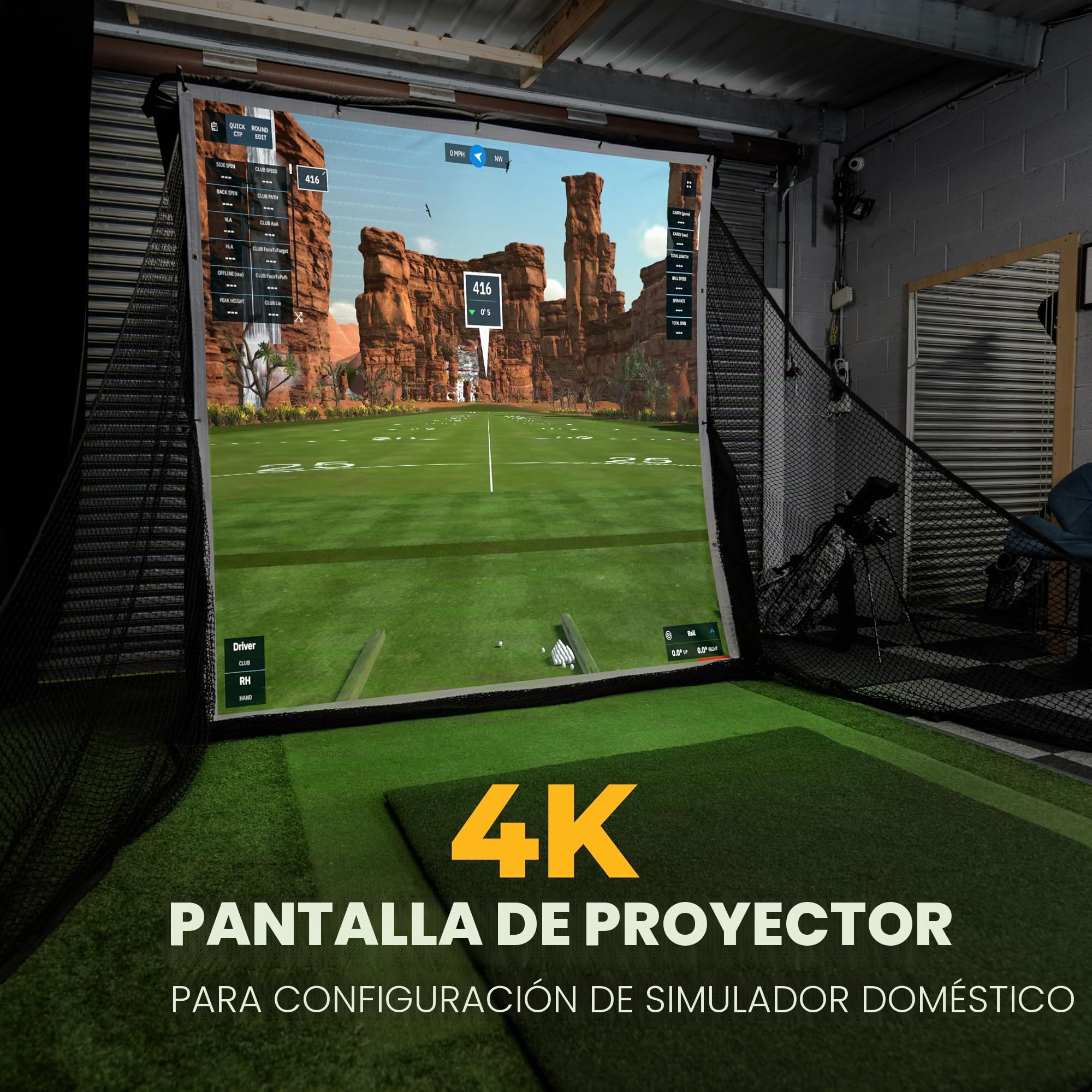SimSpace Deluxe Home - Red de conducción de 2,4 x 2,5 m, Pantalla de proyector para simulación de Golf, Compatible con Red de conducción (Red no incluida), Incluye 20 Cuerdas elásticas, Tela de