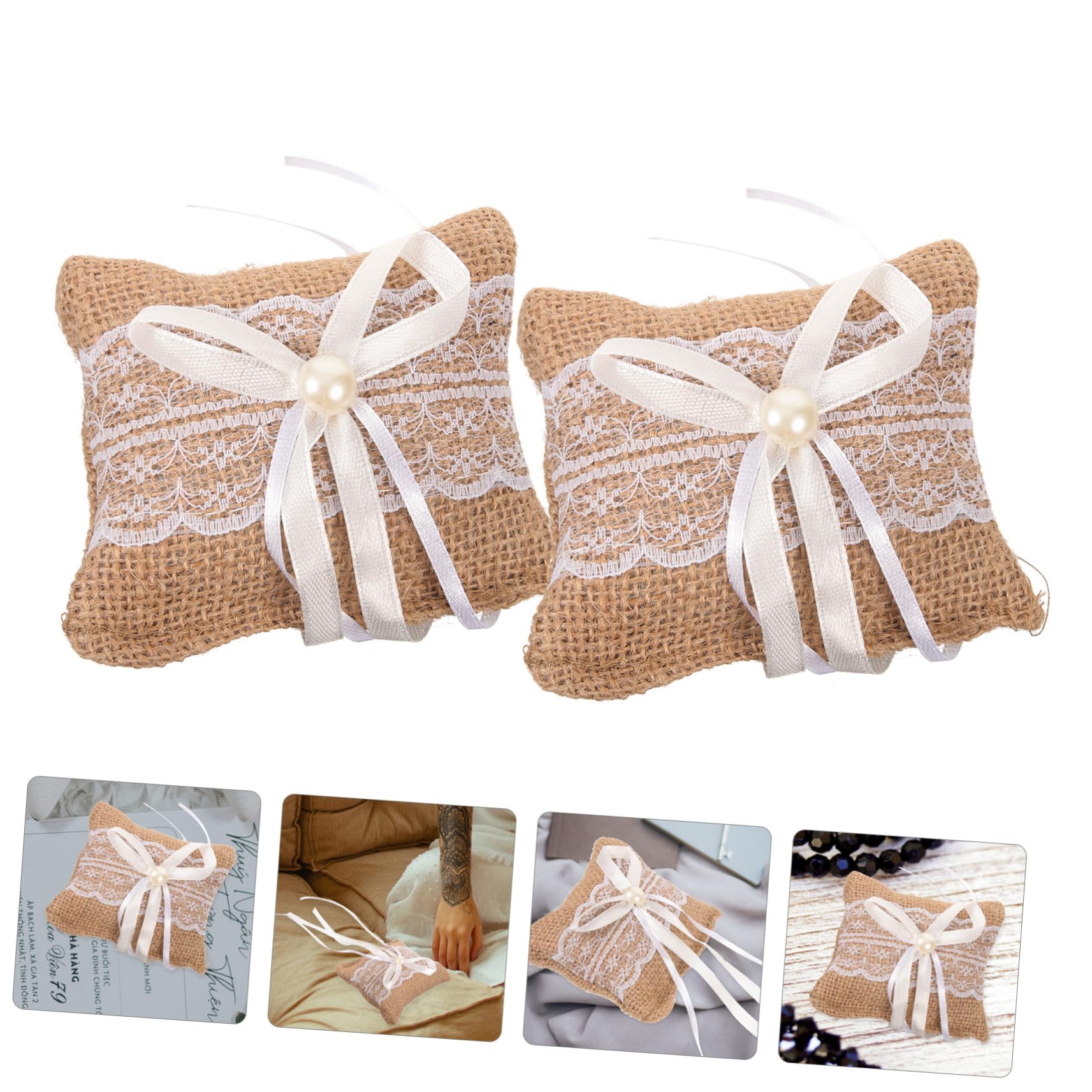 TOPPERFUN 2Pcs Linen Ring Pillow Creative Lace Wedding Ring Box for Safe Storage Soft Touching Feel for Ceremony Engagement Compact Design for Easy Carrying