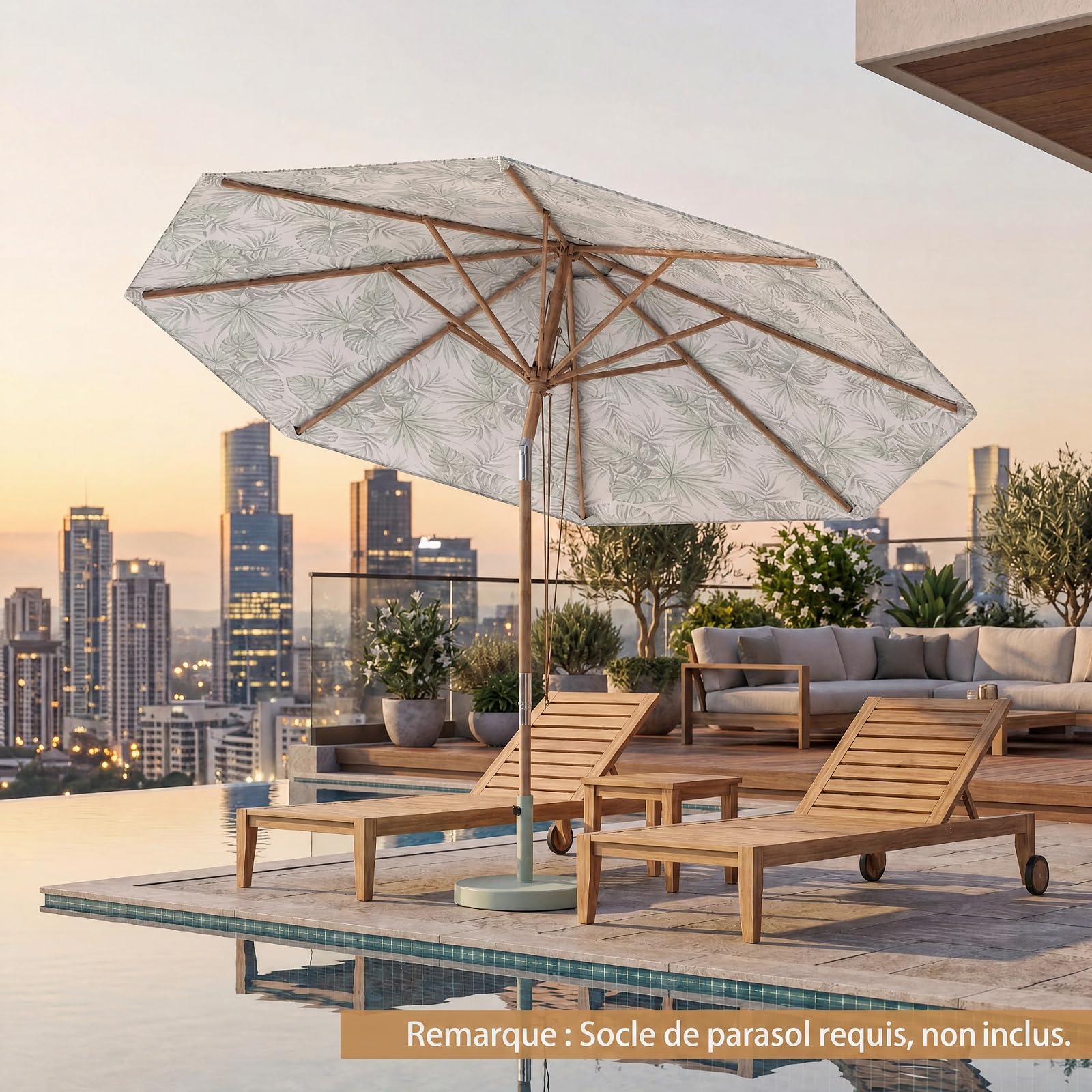 RELAX4LIFE Parasol Inclinable 270CM en Bois, Motif de Plantes Tropicales