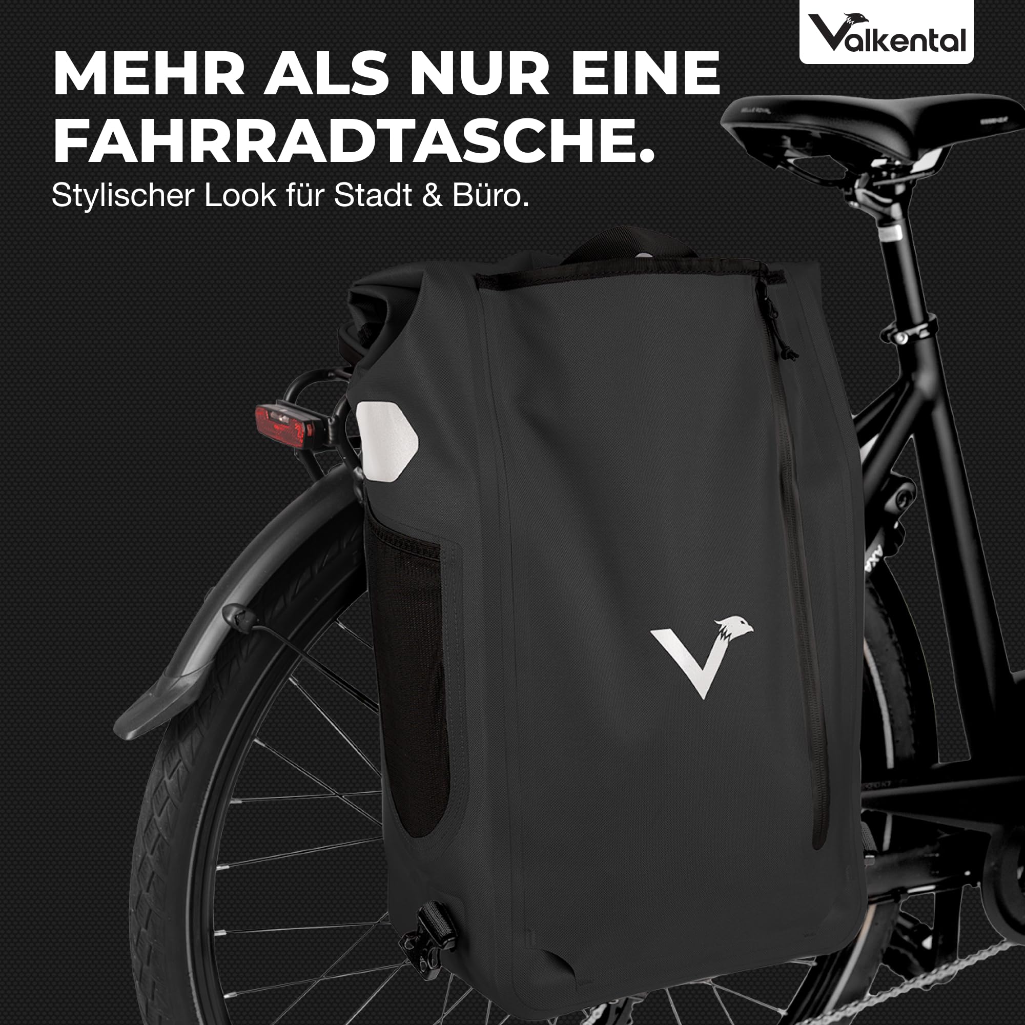 Valkental® UrbanX 2in1 Fahrradtasche & Rucksack kombiniert [28L Volumen] wasserdichte Gepäckträgertasche mit abschließbarer Befestigung – Elegante Radtasche & stylischer Rucksack – Geprüfte Qualität
