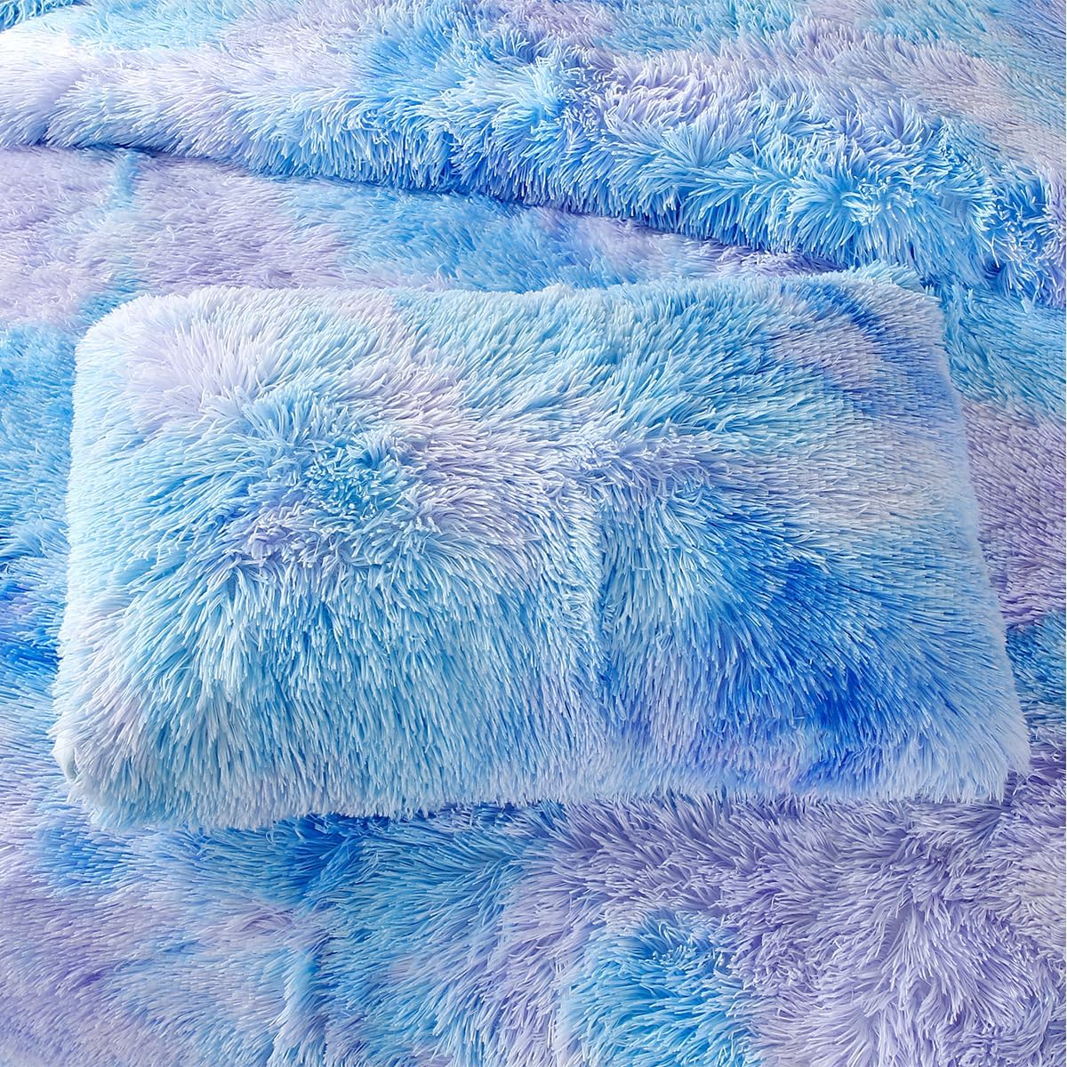 PERFEMET 3 Pcs Blue Plush Shaggy Comforter Queen Size Tie Dye Long Faux Fur Rainbow Bedding Set for Girls Ultra Soft Warm Fluffy Furry Bed Sets(Blue, Queen) - Image 6