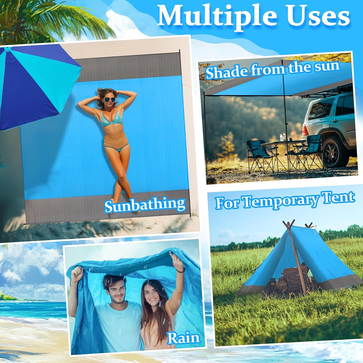 MAQIHAN Sandproof Large Beach Blanket - Lightweight Beach Mat Picnic Blanket for Travel, Vacation, Picnic, Camping, Hiking, with 4 Metal Stakes, Drawstring Pocket and Carabiner