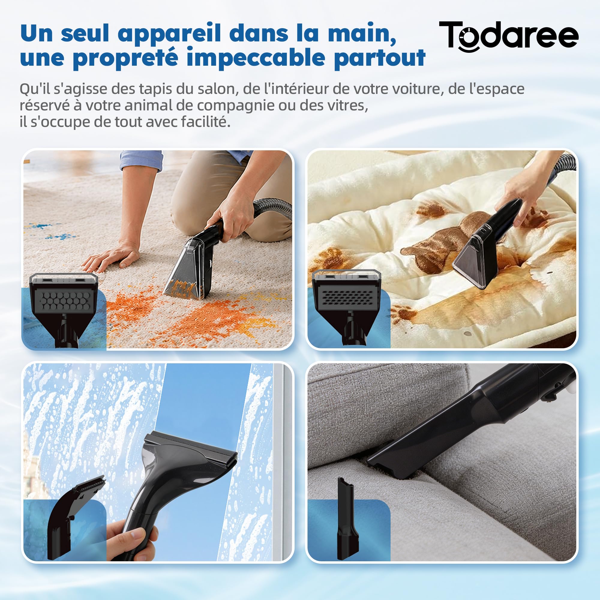 Nettoyeur Canapé et Moquette, Shampouineuse Tapis 14 kPa, Aspiration Puissante Eau Froide, Double Réservoir Auto-Nettoyant pour Siège Auto Matelas