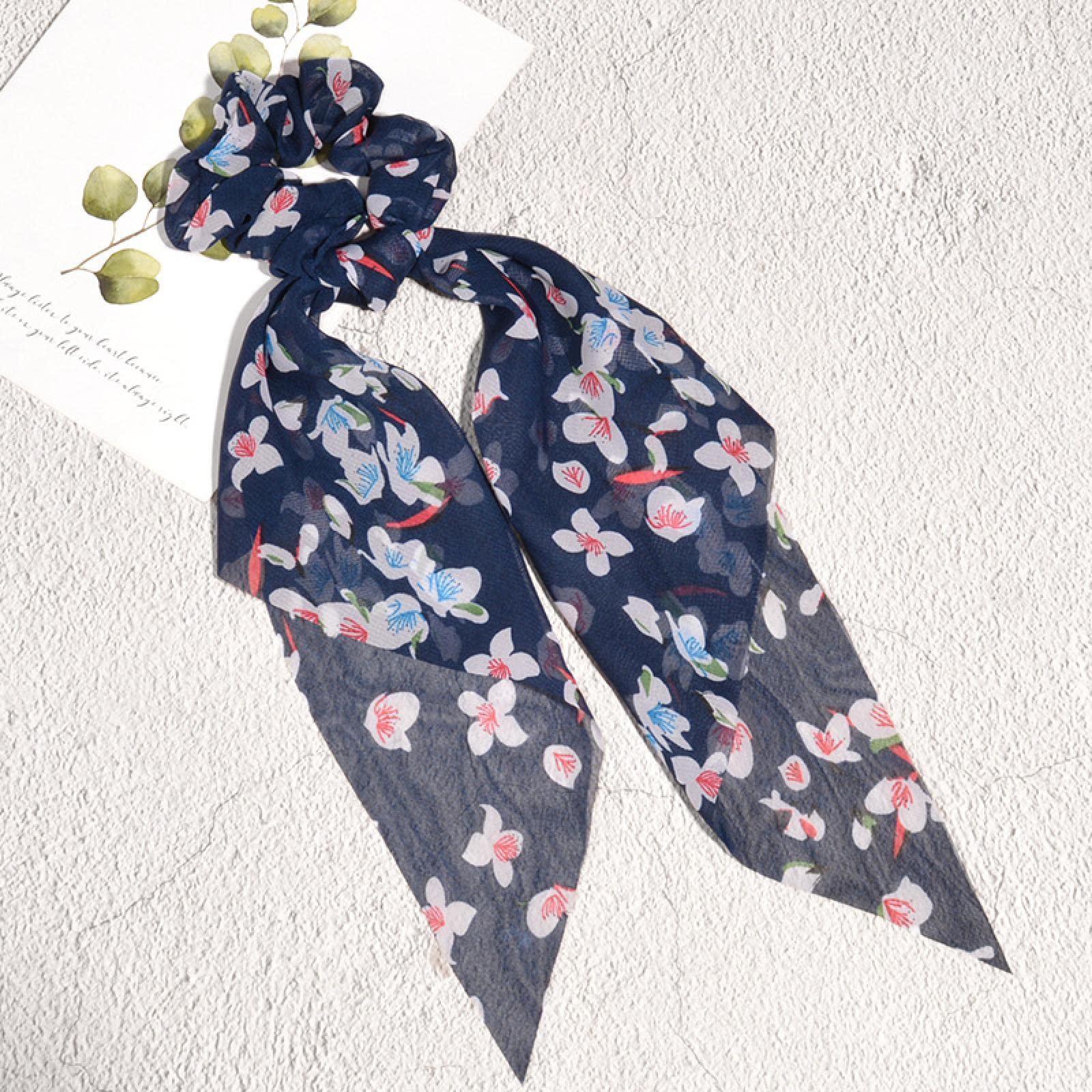 Akcesoria do włosów Kwiatowy Print Scrunchies Szalik do włosów Kobiety Gumka do włosów Serpentyny Guma do włosów Krawaty Uchwyt Akcesoria do włosów w koński ogon (granatowy)