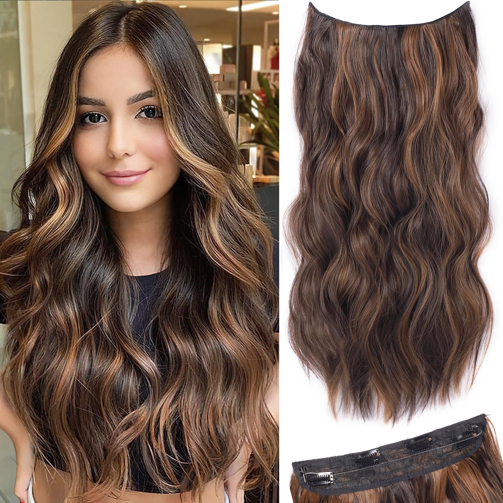 16 Inch Invisible Wire Hair Extensions with Transparent Headband Adjustable Size 4 Secure Clips Honey Blonde Mixed Brown Long Wavy Highlight Hairpiece Black for Women (16 Inch (Pack of 1), H2/426)