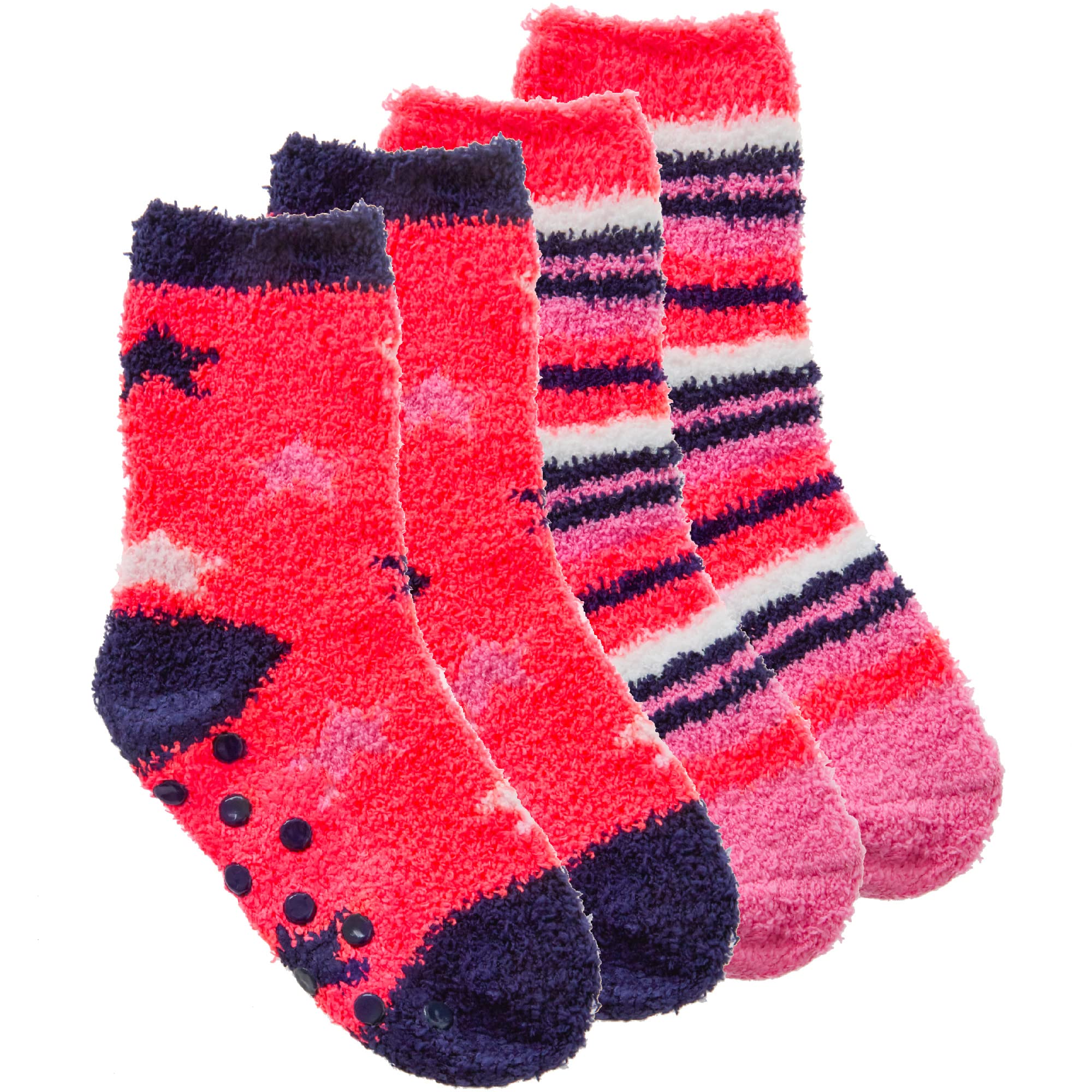 Metzuyan Kids Girls Fluffy Bed Socks Striped Stars Winter Socks with Grippers Non Skid Navy UK 4-5.5