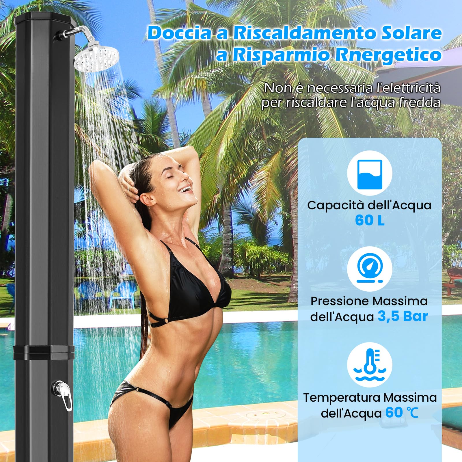RELAX4LIFE Doccia Solare da Esterno 60 L,277 CM con Testa Doccia, Rubinetto per Piedi, Copertura Protettiva, per Giardino, Piscina, Spiaggia (Nero)