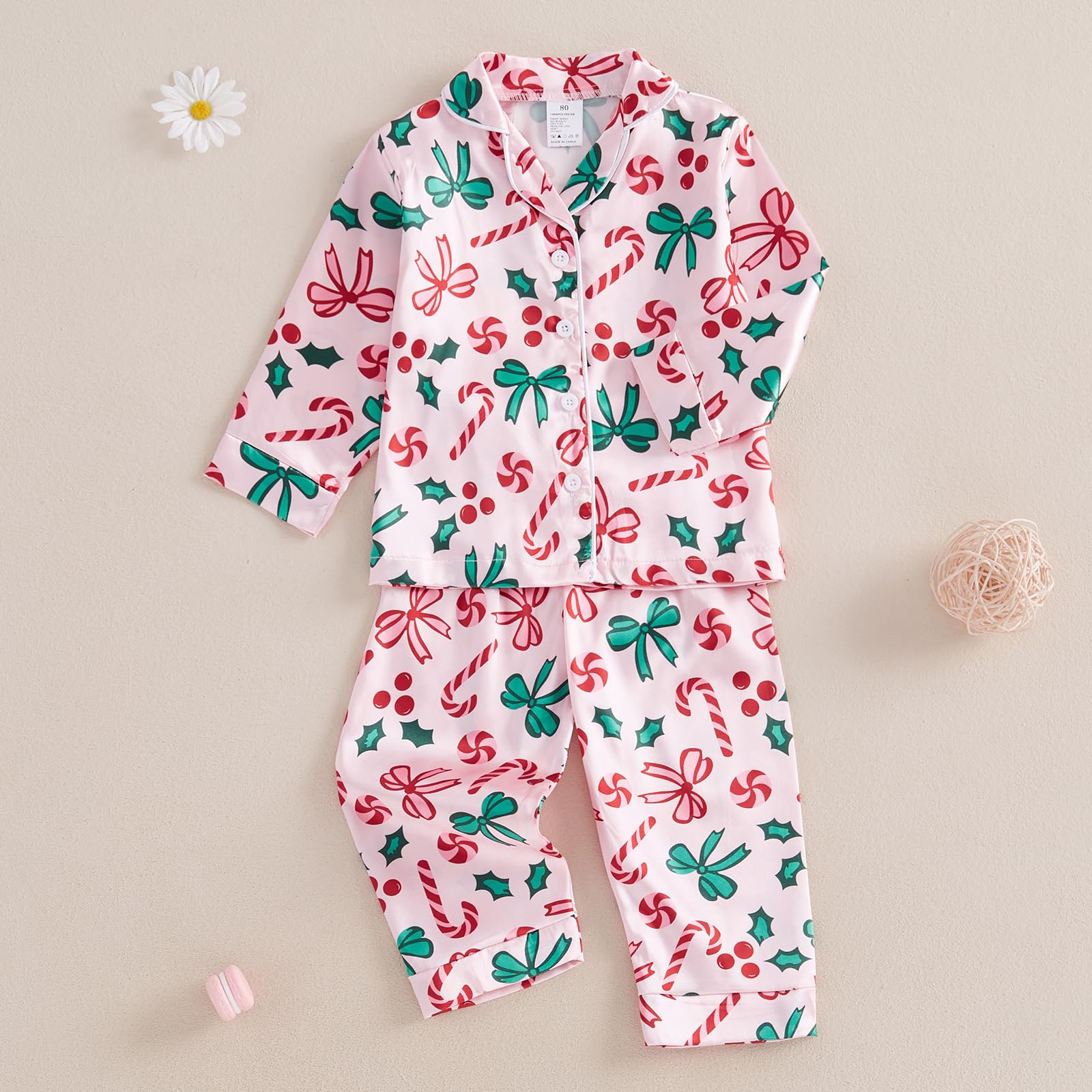 Fsadfeas Kids Girls Christmas Valentines Pajamas Cute Print Button Down Tops + Pants Toddler Satin Sleepwear Silk Pajama Set(Pink Candy Cane&Bow, 10-11 Years)