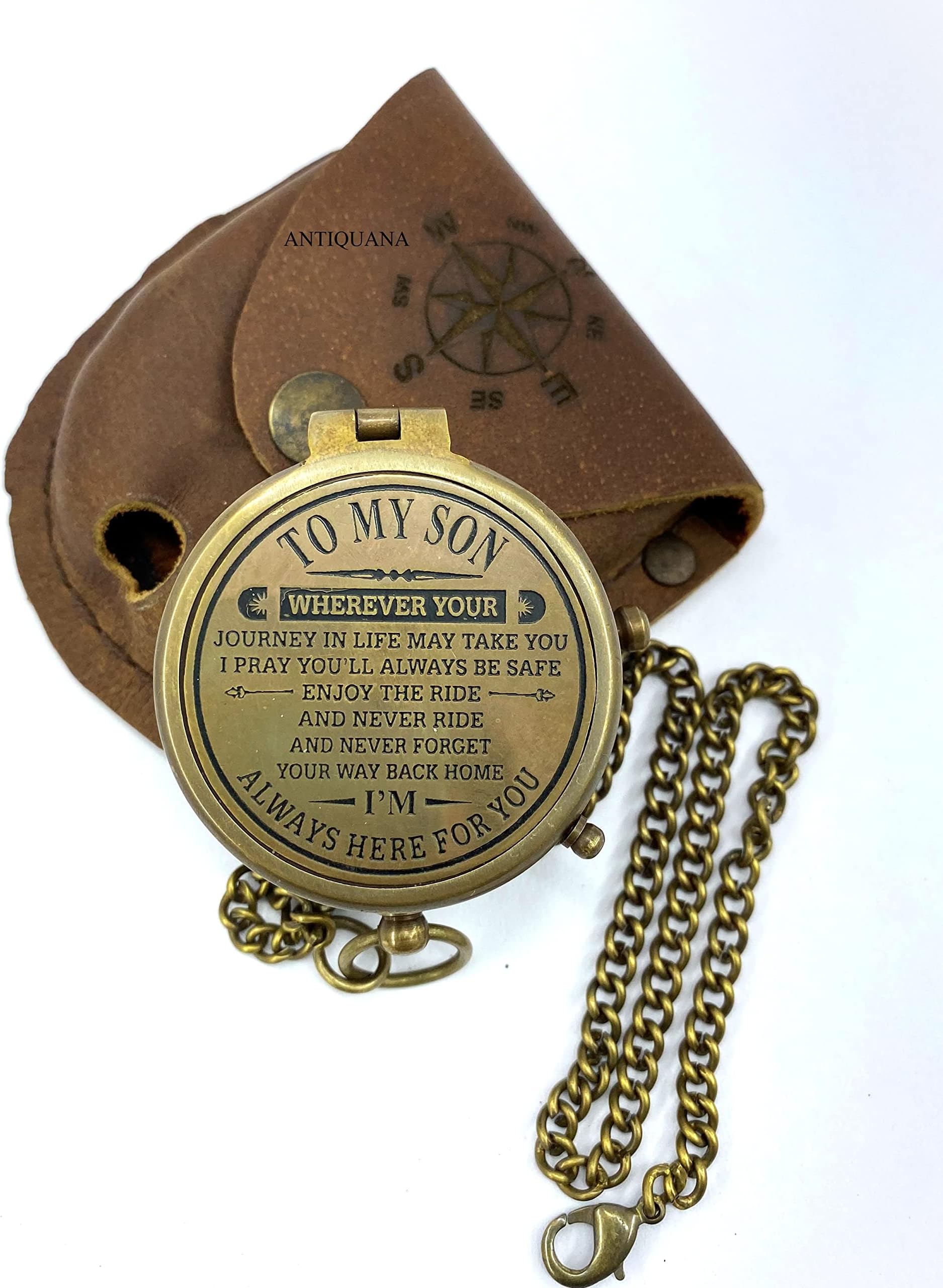 ANTIQUANA Brass Compass Gift to My Son/to Our Son/Nautical Gift for Son from Dad/Gift to Son from Mom A Perfect and Unique Gift with Leather Case