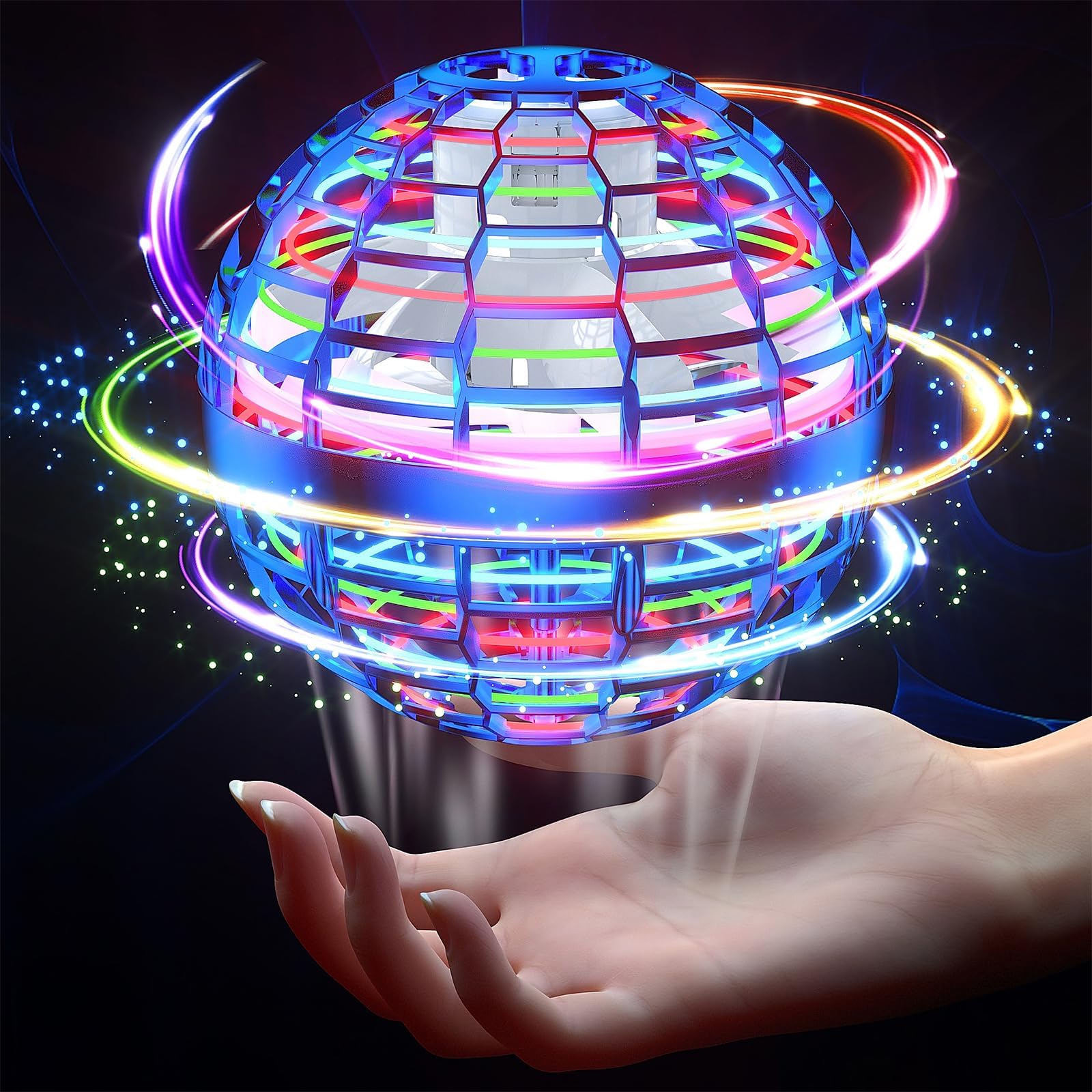 Flying Orb Ball 2025 Upgraded Hand Controlled Flying Spinner Ball with RGB Led Lights Boomerang Spinner 360°Rotating Soaring UFO Mini Orb Drone Toy Safe for Kids Adults(Blue)