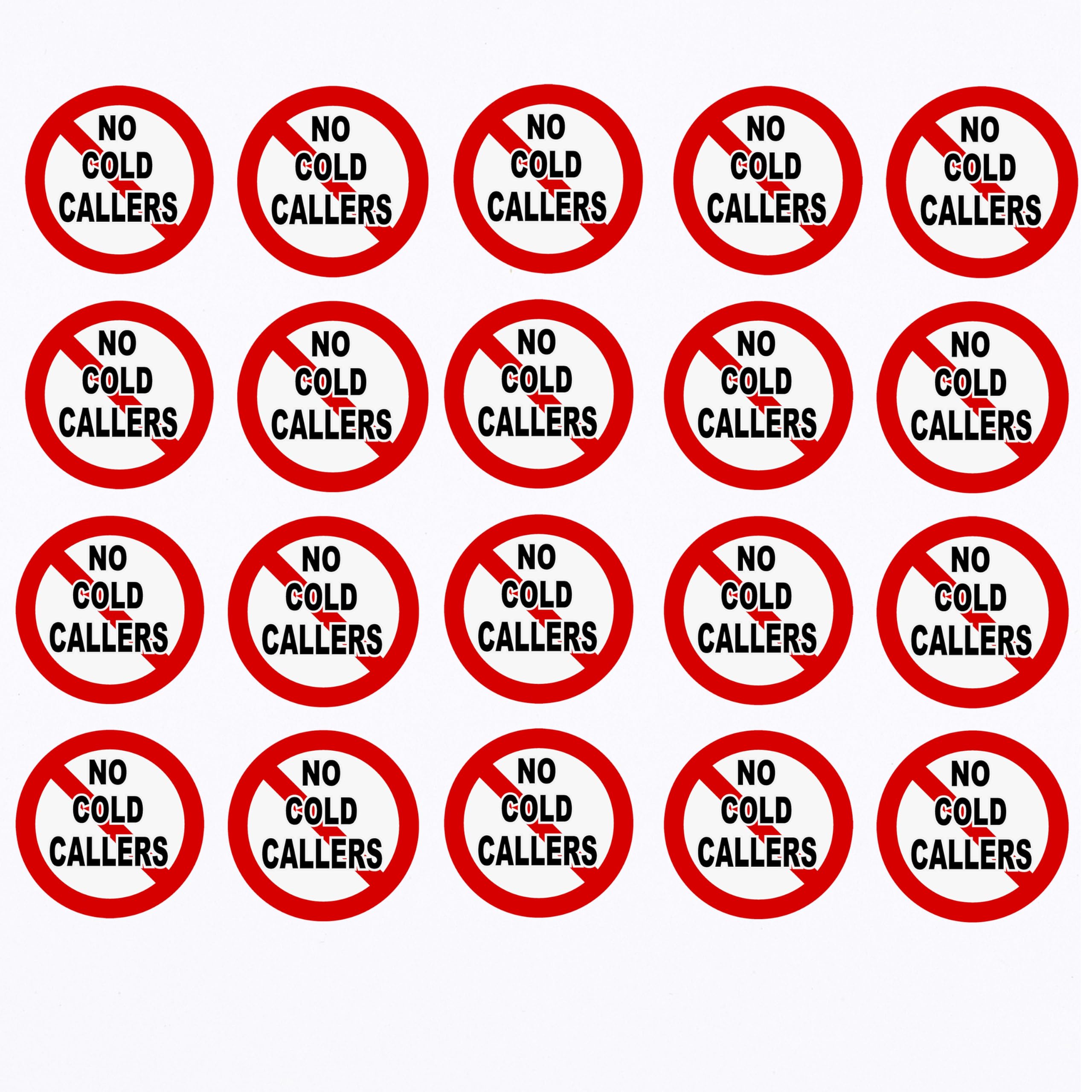 Letrero con texto en inglés "No Cold Callers", símbolo de advertencia de prohibición, rojo y negro, redondo, 80 mm x 80 mm, pegatinas de vinilo (20)