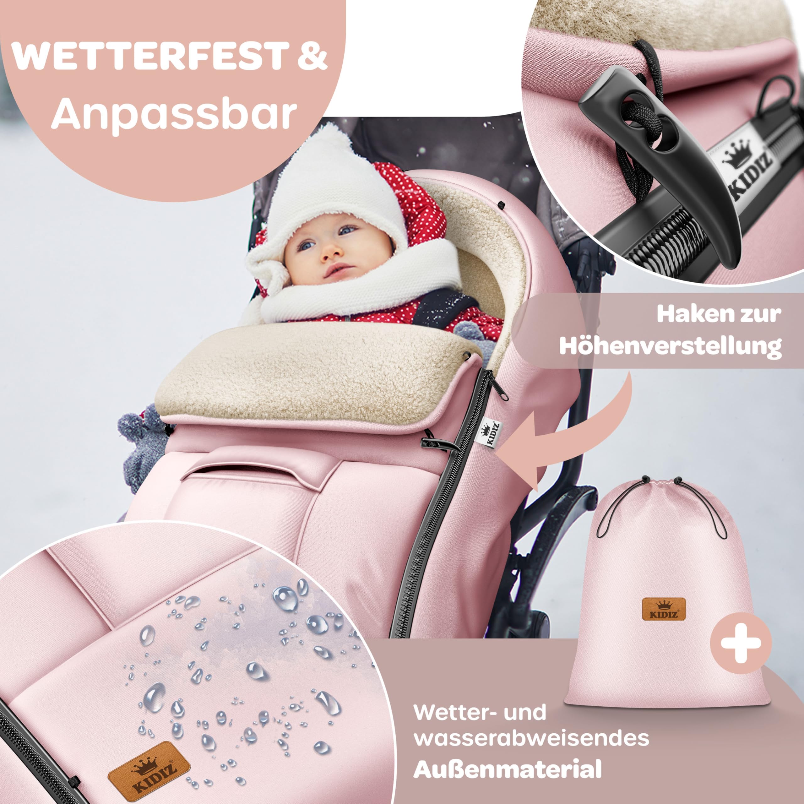 KIDIZ® Saco de Bebé de Invierno Con Cremallera, Peluche, Bolso, Manta Lavable Para Cochecito Con Cabecera, Apto Para Todos Los Cochecitos (Rosé Gold)