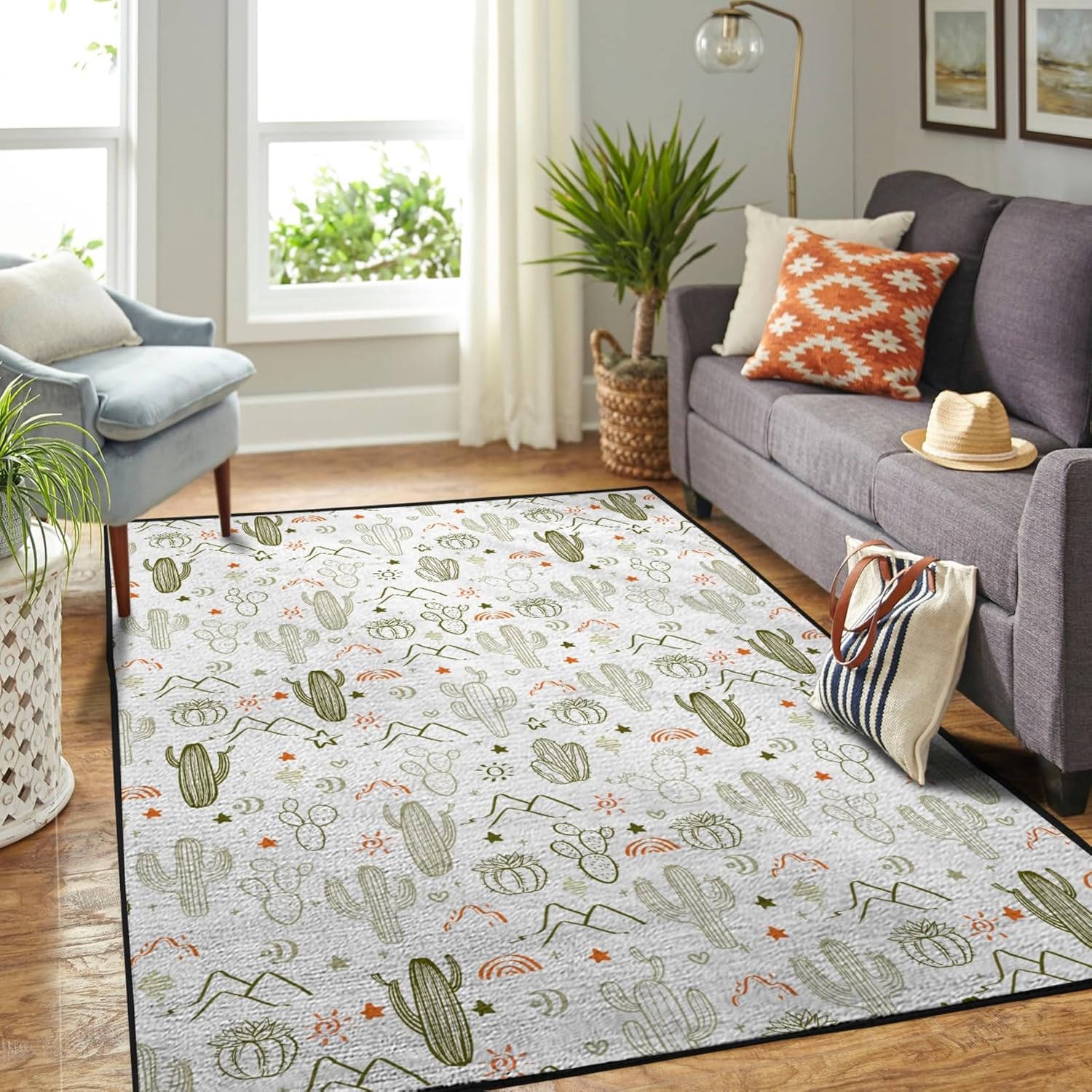 Boho Sunrise Cactus Area Rugs Western Cactus Desert Southwest Mountains Sun Rainbow Throw Carpets Wild West Plant Floor Mats for Toddler Nursery Bedroom Bathroom Living Room Kitchen 20x32inch