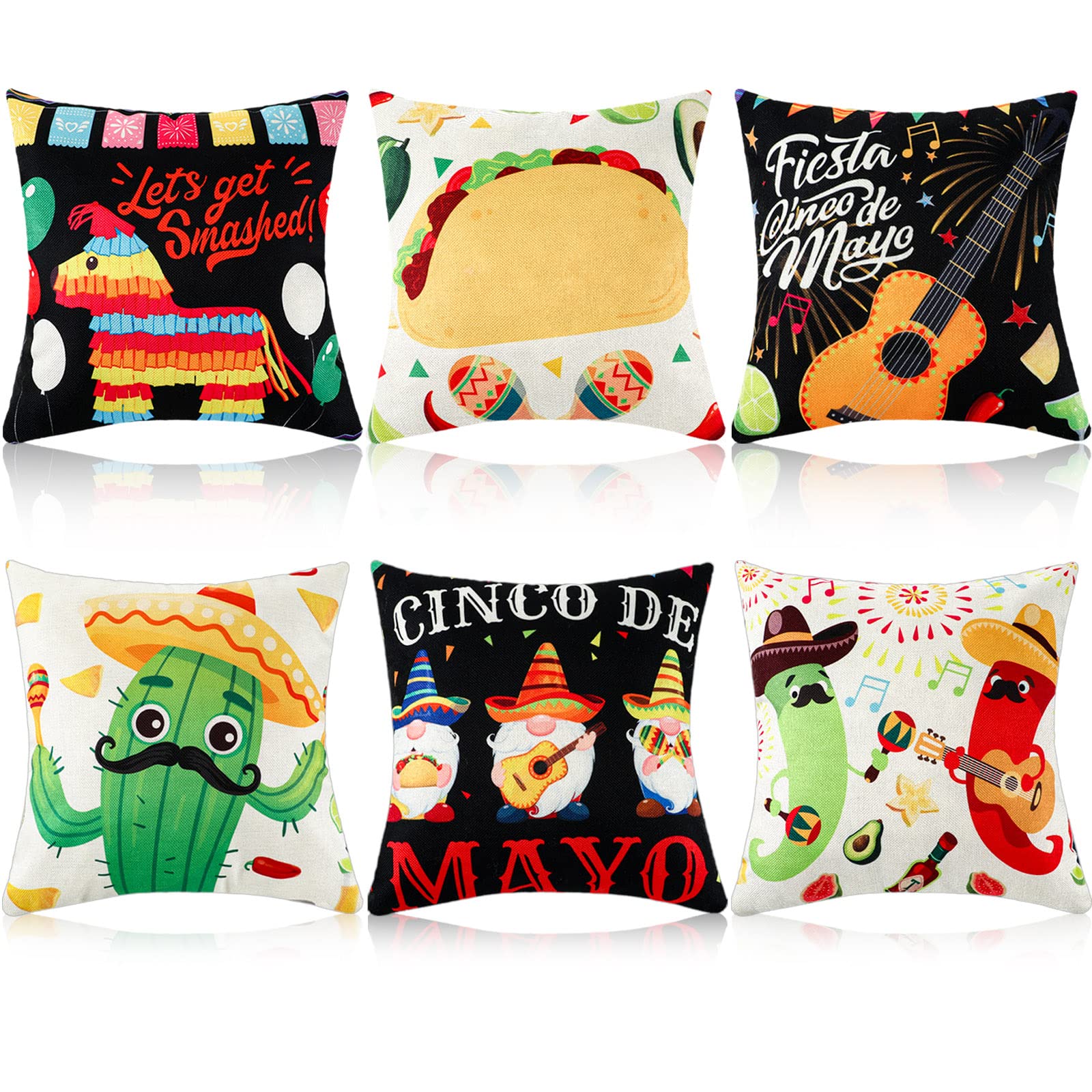 6 Pcs Mexican Fiesta Pillow Covers 18 x 18 Inch Cinco De Mayo Fiesta Pillow Case Tacos Cactus Chili Pepper Mexican Party Decorations Supplies for Indoor Outdoor Sofa Couch Cushion