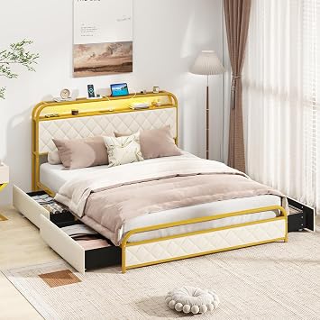 Giantex Queen Bed Frame with 4 Storage Drawers and Charging Station, Queen Size Platform Bed w/LED Lights & Linen Upholstered Headboard, No Box Spring Needed, Metal Queen Storage Bed, Gold & Beige