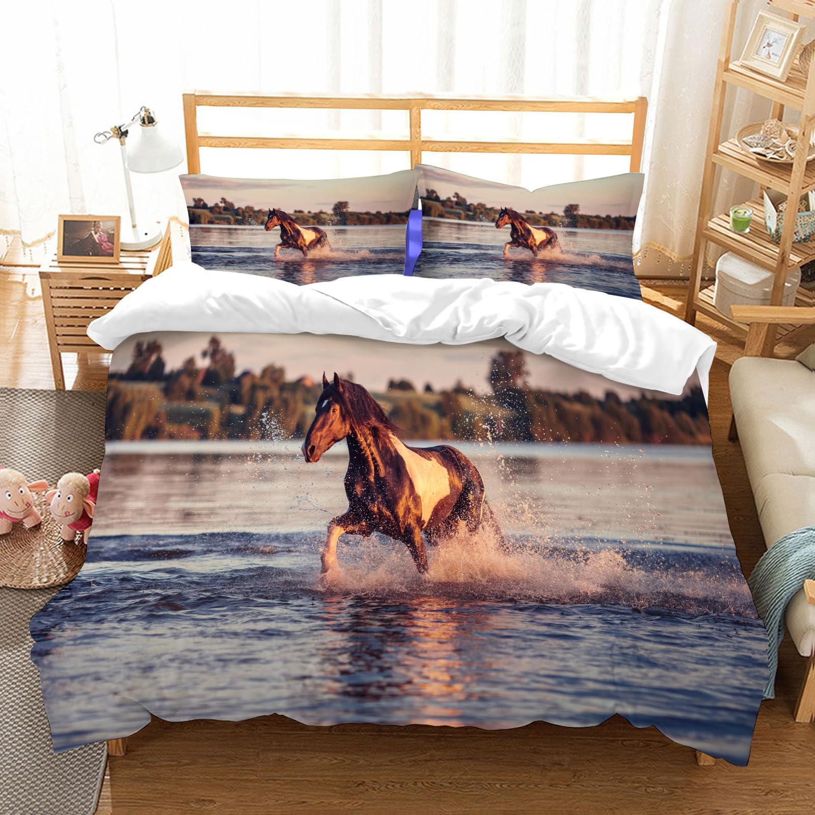 Ensemble de literie 100% microfibre 228x264cm avec 2 taies d'oreiller motif cheval au galop