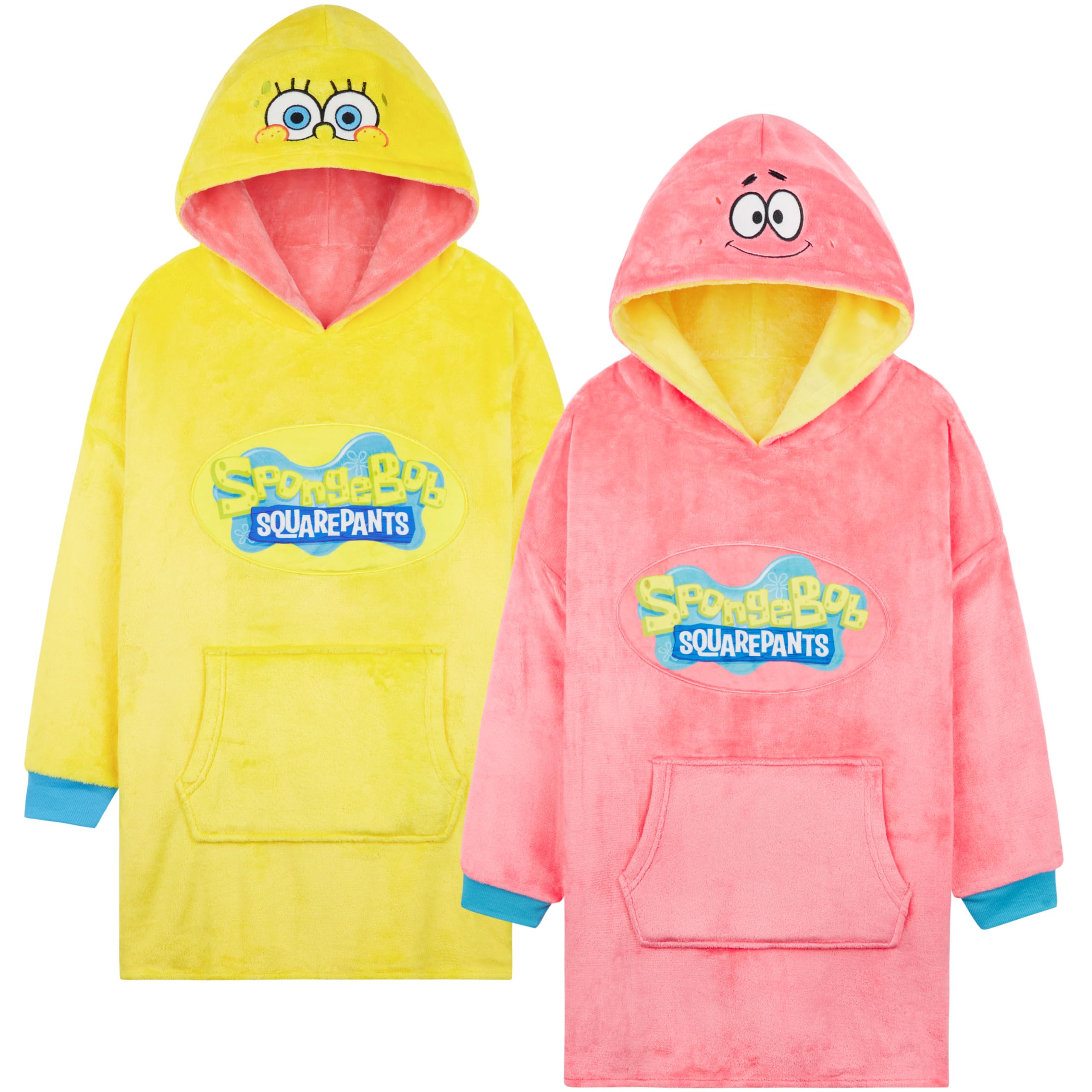 SPONGEBOB SQUAREPANTS Reversible Hoodie Blanket for Boys Teens, 7–13 Years, Hooded Loungewear with Pocket, Gifts for Boys
