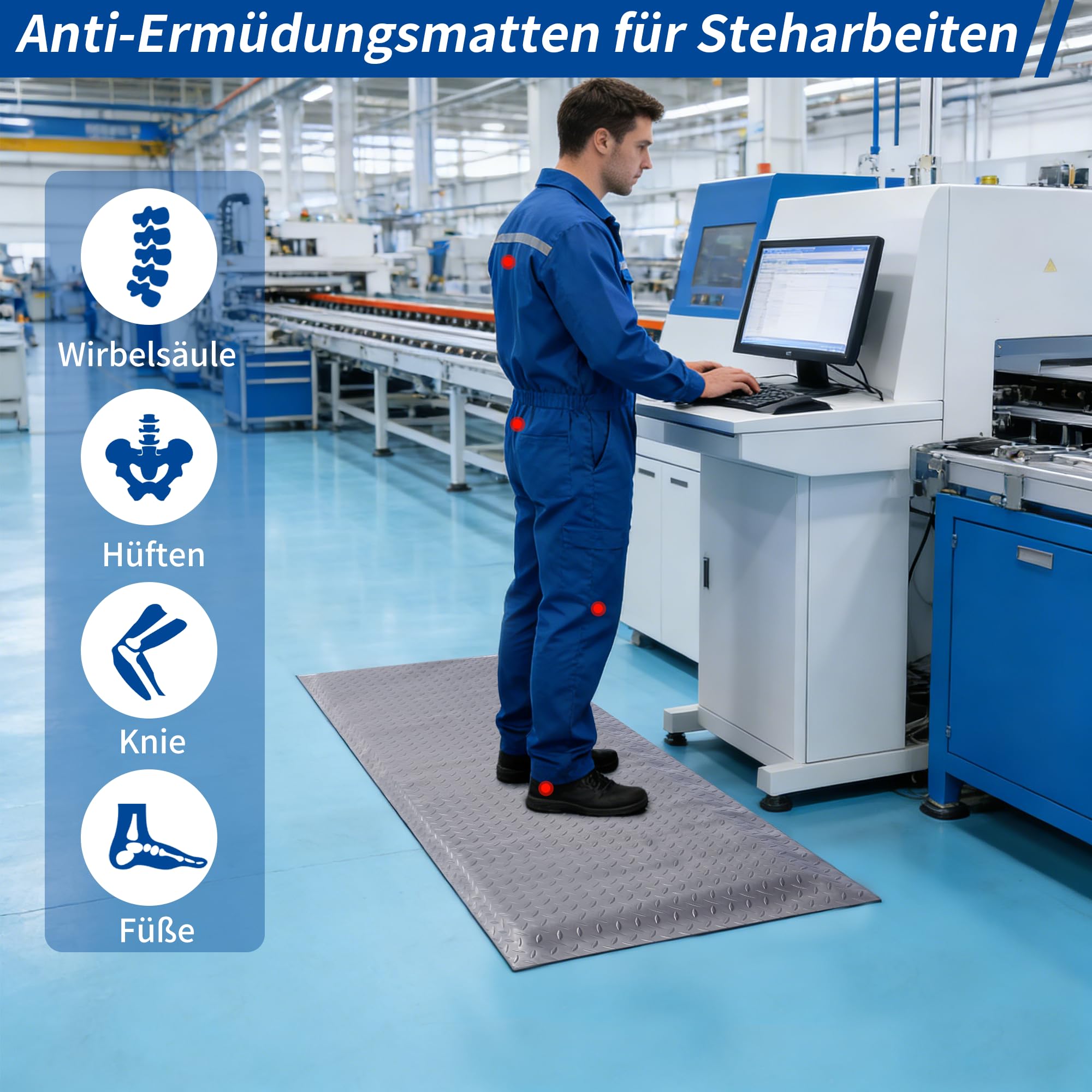 Anti Ermüdungsmatte für Steharbeitsplätze, Ergonomische Arbeitsplatzmatte Anti Fatigue Stehmatte, 60 x 152 cm Antimüdigkeitsmatte, Steh-Schreibtisch Fußmatten für Werkstatt, Fließband