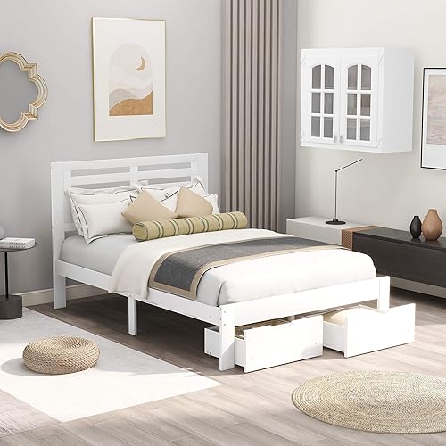 Cama de plataforma de madera de tamaño matrimonial con 2 cajones, base de cama de plataforma completa con cabecero para niños, adolescentes y adultos