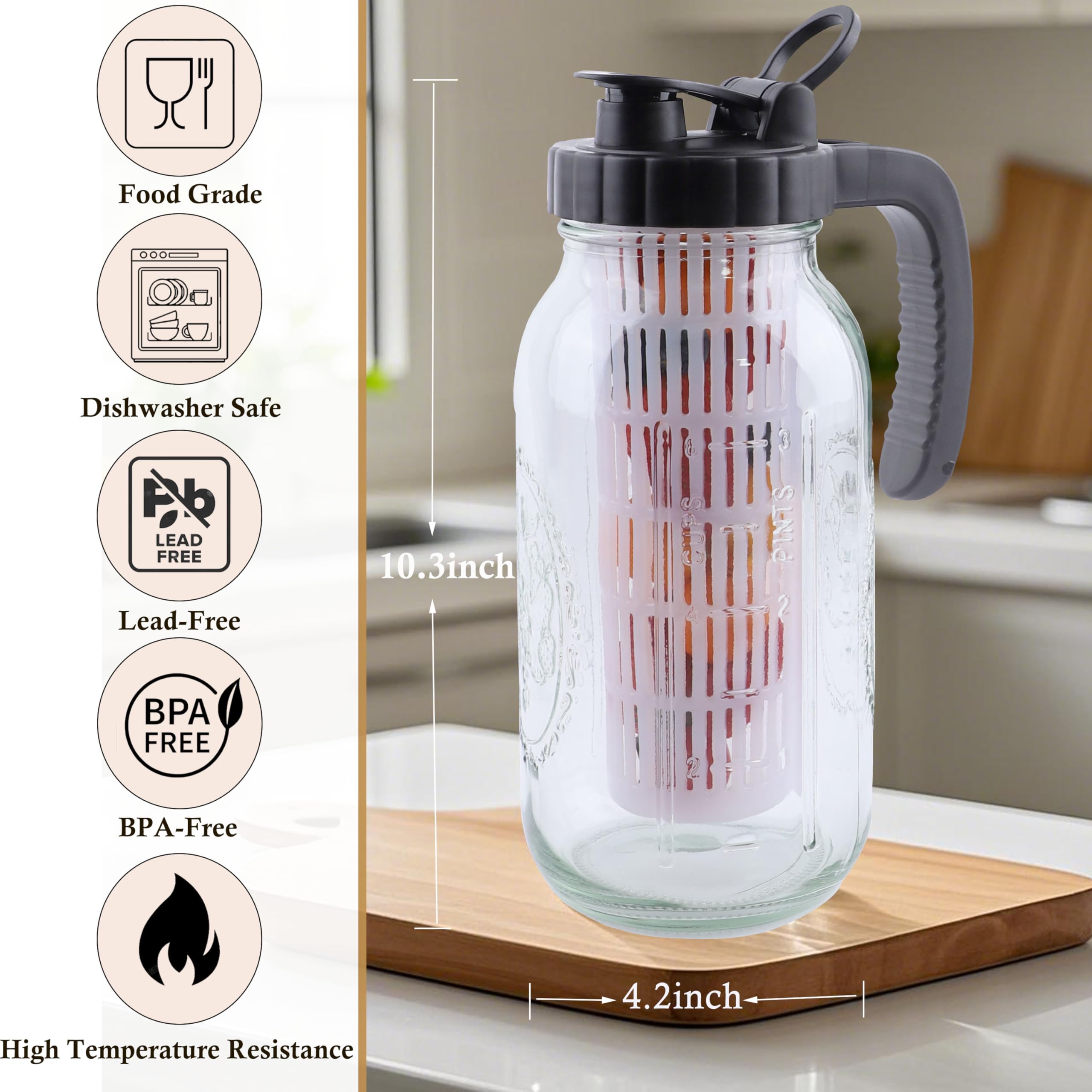 Jarra de agua de vidrio de 64 onzas con infusor, juego de 2 jarras de agua de medio galón, jarra de 2 cuartos de galón para té frío caliente, café, limonada, bebidas caseras, recipiente de jugo de