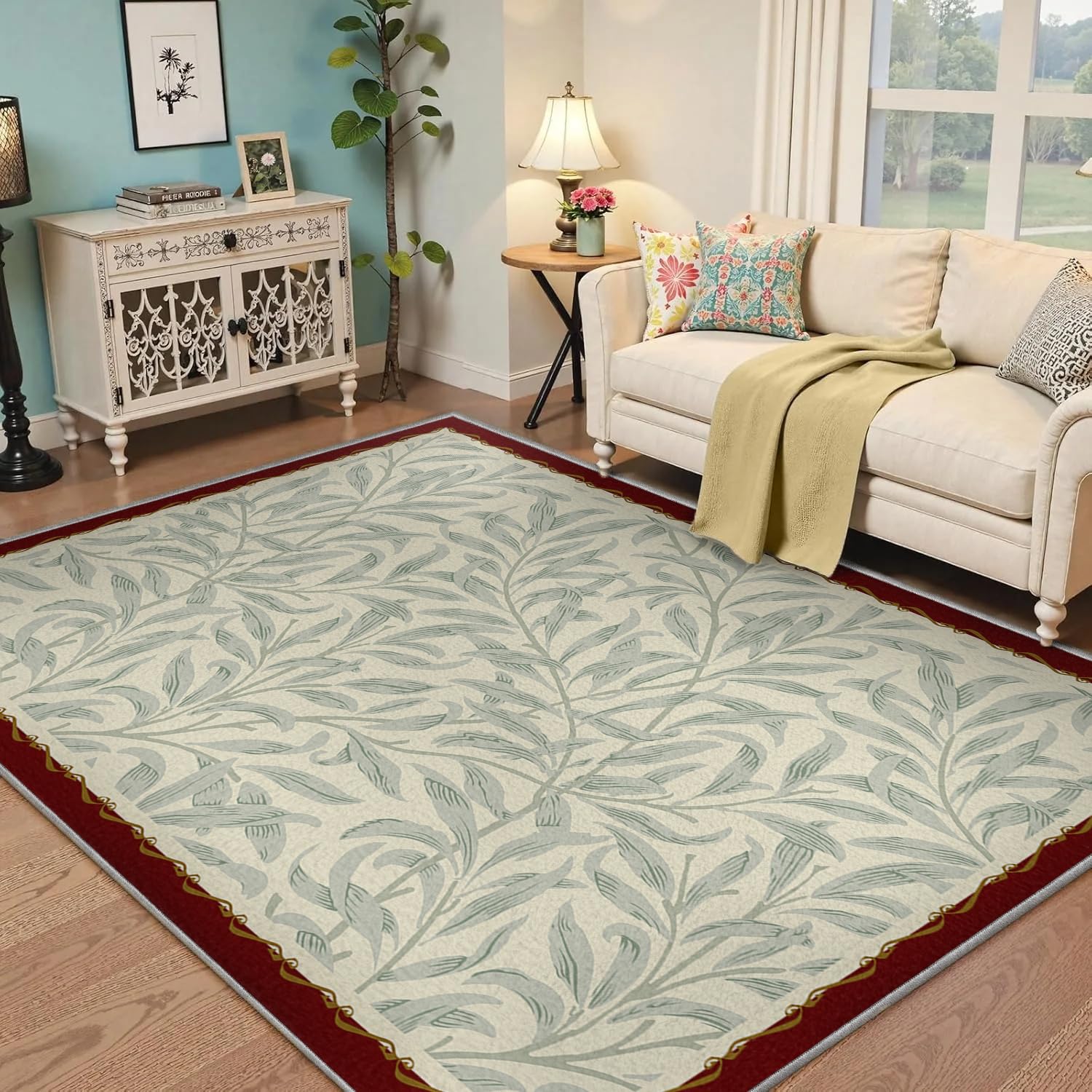 Tapis de salon style campagnard bleu et rouge 120x180cm pour chambre chaleureuse