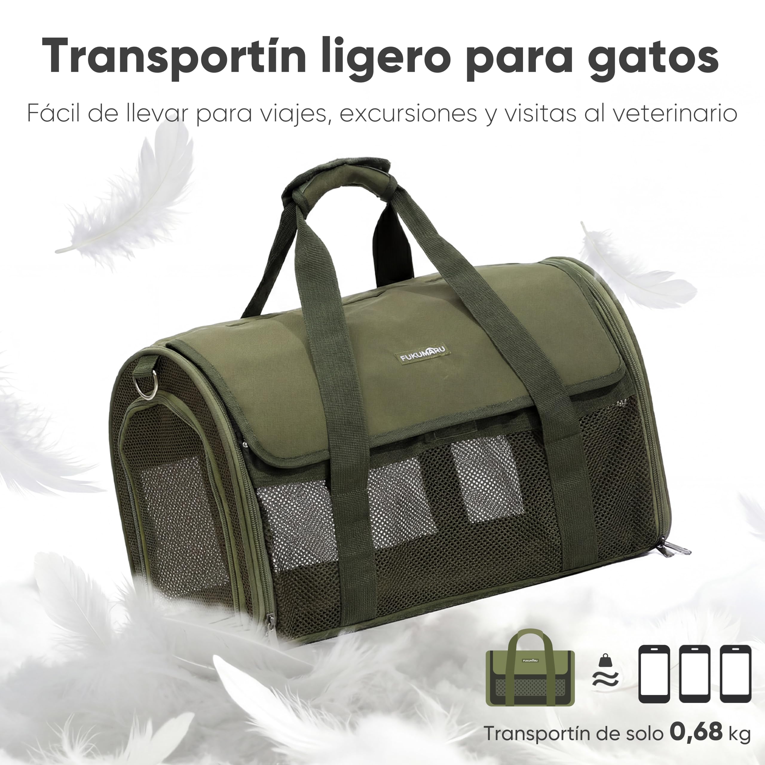 FUKUMARU transportín para Gatos y Perros, pequeño, Ligero y Transpirable, 46 x 28 x 28 cm, homologado para Viajar en Cabina, Plegable y Blando, con Malla antirrascado, Color Verde