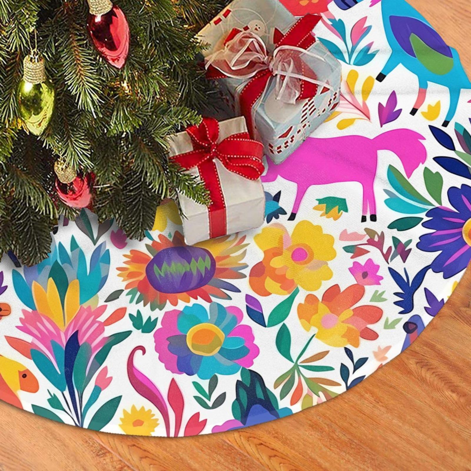 Fodpand Black Mexican Otomi Animals Christmas Tree Skirt 30" Velvet Xmas Tree Skirt Mat Rustic Christmas Tree Mat Cover Winter Xmas Tree Collar For Indoor Outdoor Christmas Decorations