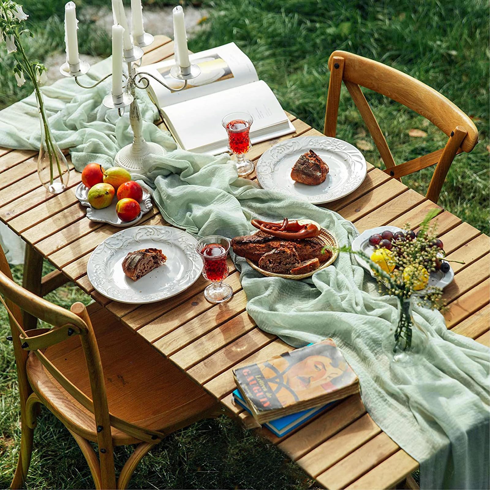 Tischläufer Eukalyptus Grün 4 Stück, mit 9 Eukalyptuszweig Deko Käsetuch Cheesecloth Musselin Salbeigrün Tischläufer Boho 90x300 cm Lang Hochzeit Geburtstag Tischdeko (Packung mit 2)