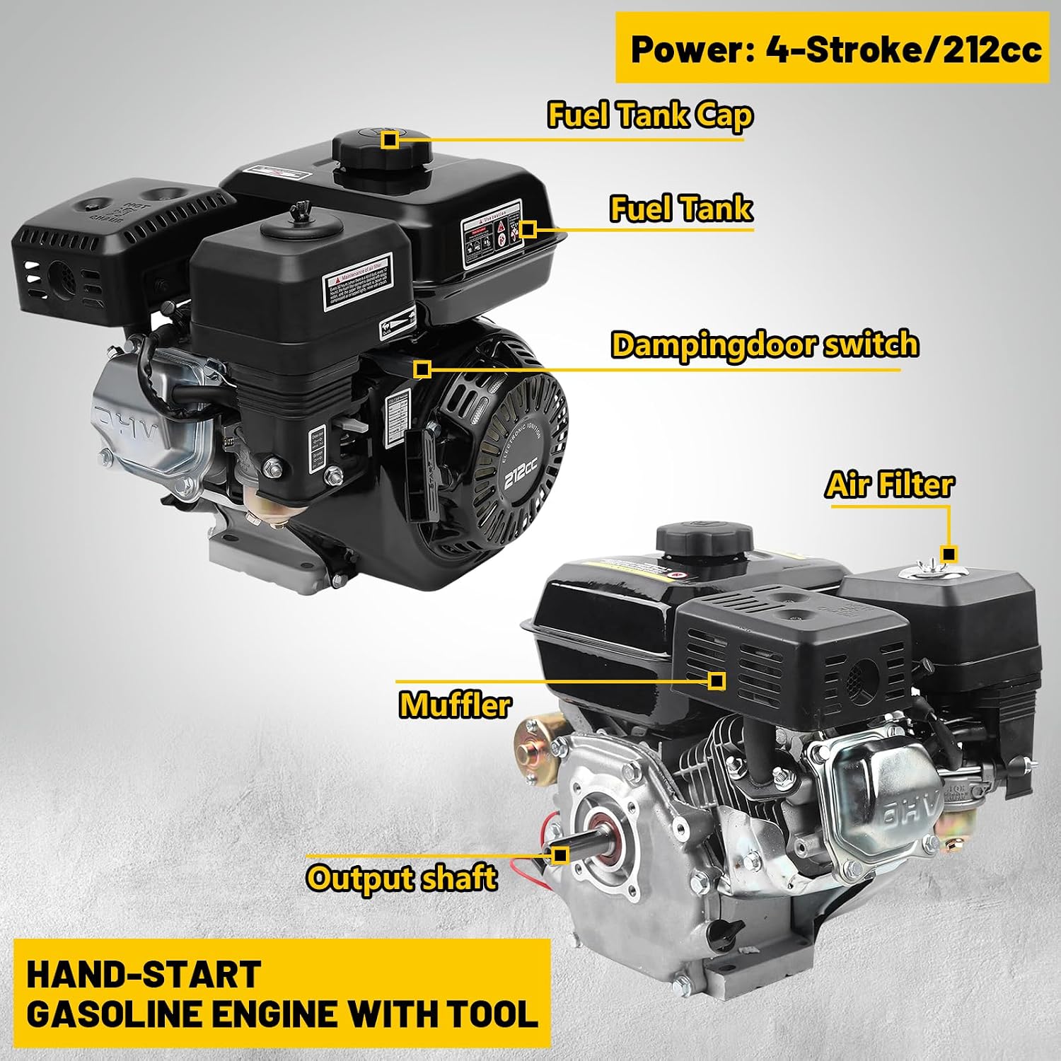 7.5HP 4 Stroke Gas Engine 210CC 3600 RPM Go Kart Engine, 25° Inclined Single Cylinder Engine Forced Air Cooling (19mm Shaft)