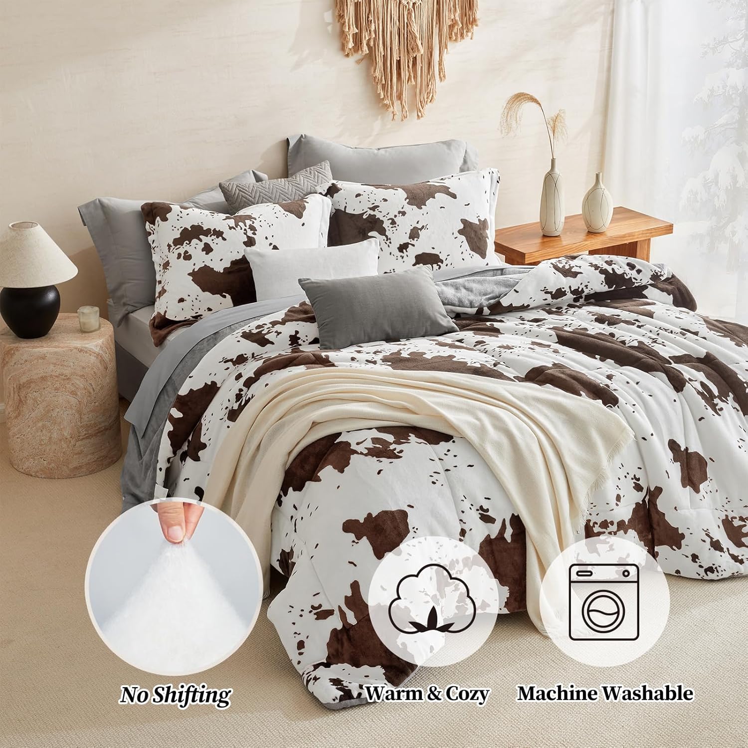 Petrichor Velvet Flannel King Comforter Set- Cow Print Western Style Blanket,Luxury Fuzzy Heavy Bedding Set, 3 Pieces Plush Winter Bed Set with Comforter (90"x104") & 2 Pillow Shams (20"x36" - Image 2