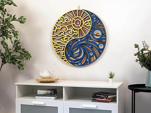 Miniatura 7 de Decoración de pared para el hogar, Yin Yang Corte láser multicapa tallado elegante mandala de madera colgante paneles MDF para decoración rústica
