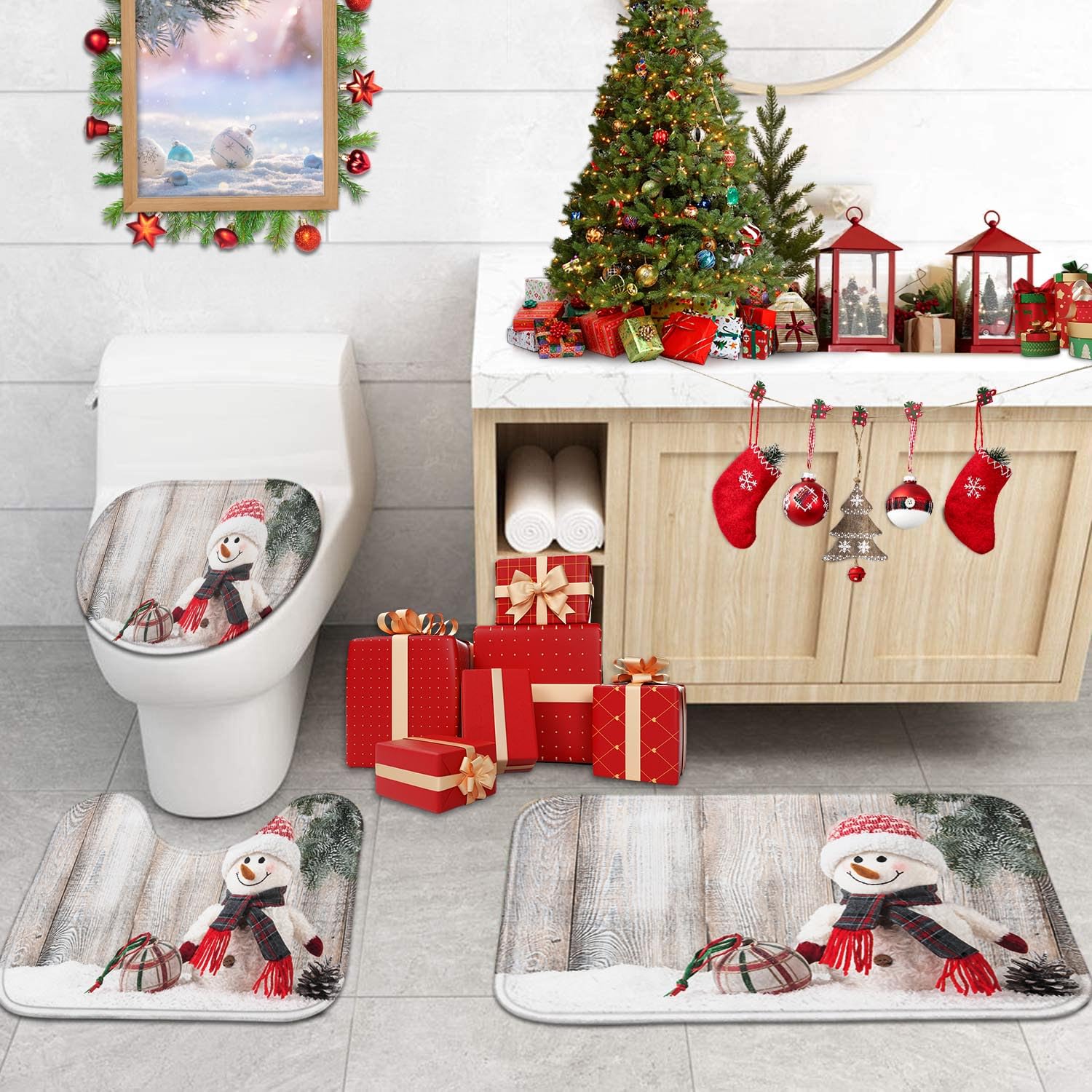 ArtSocket Lot de 3 tapis de salle de bain antidérapants en microfibre à mémoire de forme - Motif bonhomme de neige et boule de Noël - Lavable en machine