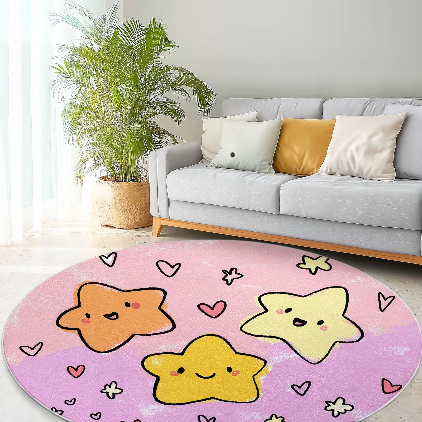 Generisch Cartoon Rund Teppich Handgezeichnete Smiley-Sterne Herzen 150 cm rutschfest Teppiche, Rosa Plüsch Flauschig Weich Runder Teppich Wohnzimmer Schlafzimmer Küche Fußmatte Haustierteppich