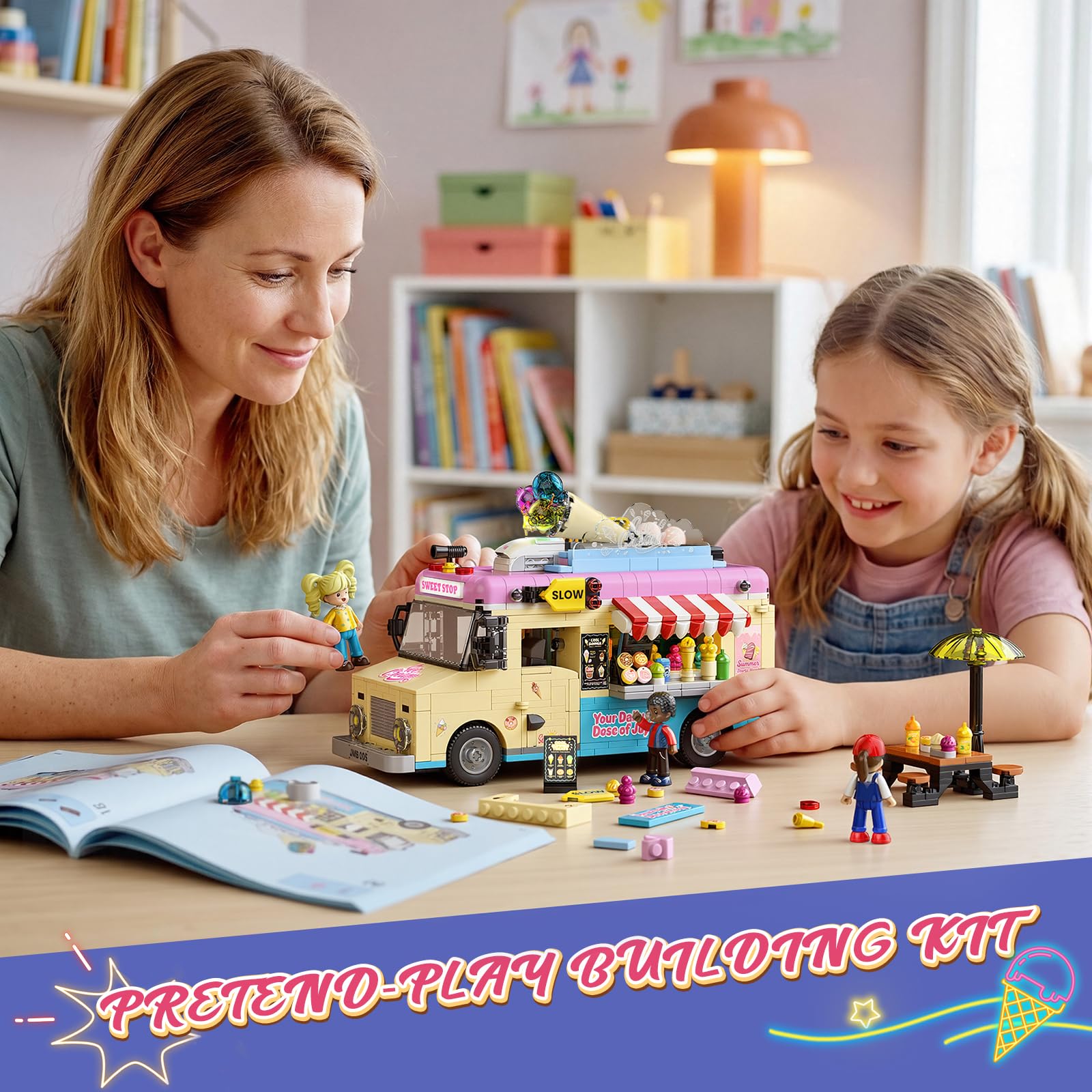 JMBricklayer City Eiswagen Klemmbausteine mit Licht, Truck Fahrzeug Bauset Modellauto mit 3 Mini-Figuren, Rollenspiel Essen Imbisswagen Sammel Spielzeug Geschenk für Mädchen Erwachsene ab 14 Jahren