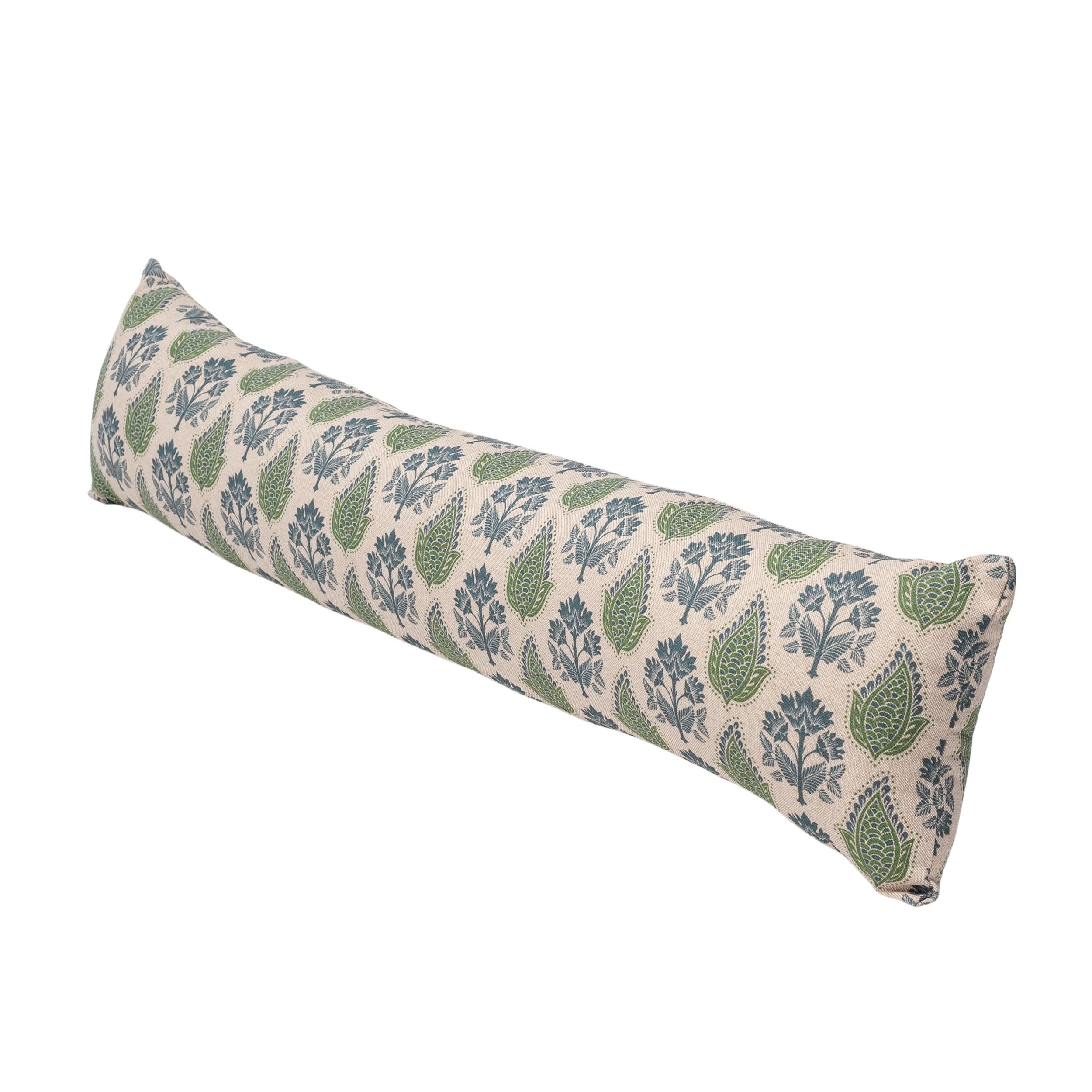 Linen Loft Green Cotswold Countryside Motif Draught Excluder In Soft Blue And Sage Cottagecore Rustic Shabby Chic Style. Energy Saving Home Accessory. 90X20cm