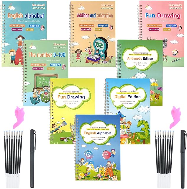 28 English Magic Copybook Calligraphy Set Reusable Handwriting Copybook for Kids Preschools Learning Letters Numbers Math and Drawing Including 8 Copybooks 2 Pens 2 Pen Writing Aid Grip and 16 Refills