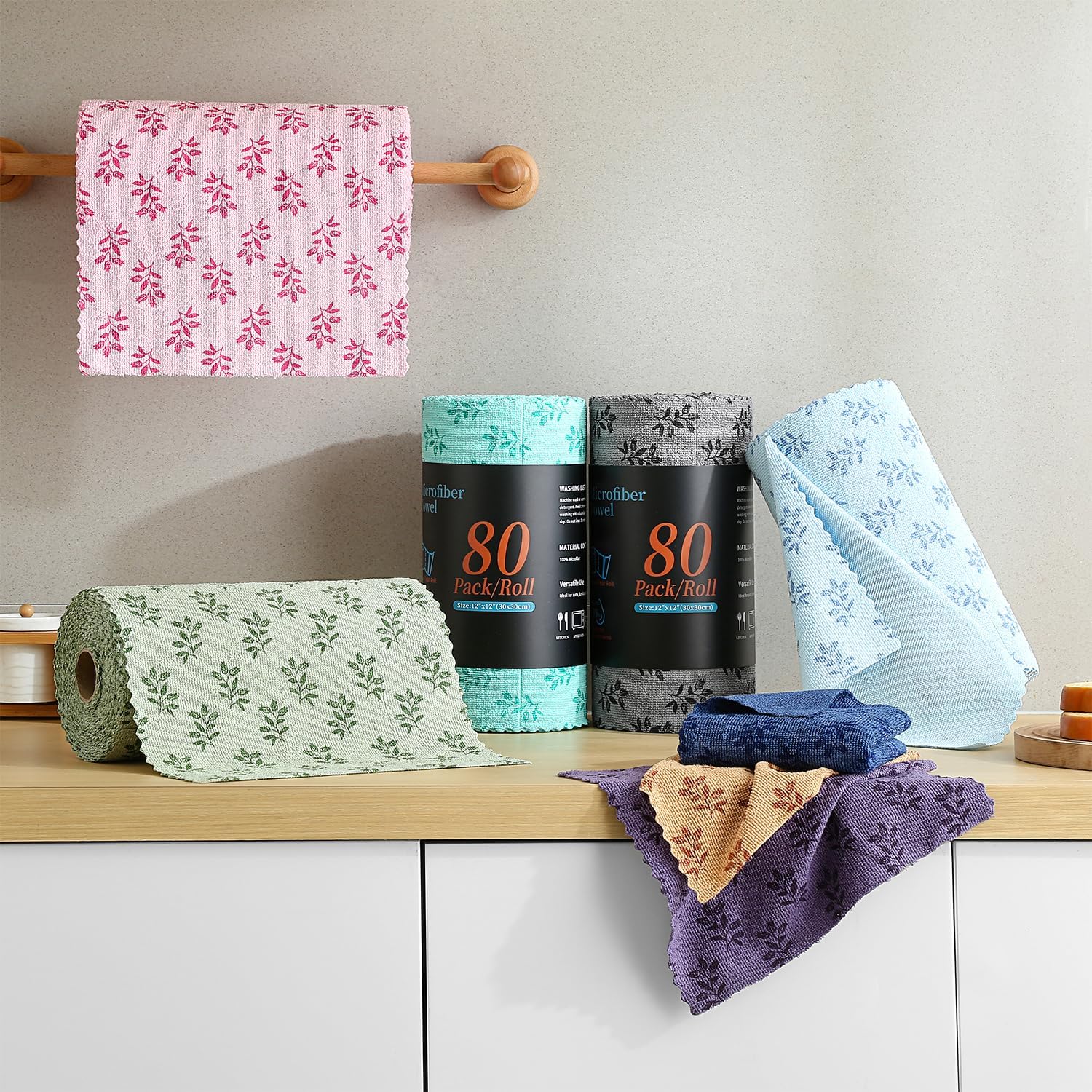 Microfiber Cleaning Cloth Roll,80 Pack Cleaning Towels,Lint Free Rags Paper Towels & Tear Away Reusable Towels,Washable Shop Rags Floral Wipe Cloth,Wash Cloths Dish Rags for Car Kitchen Window