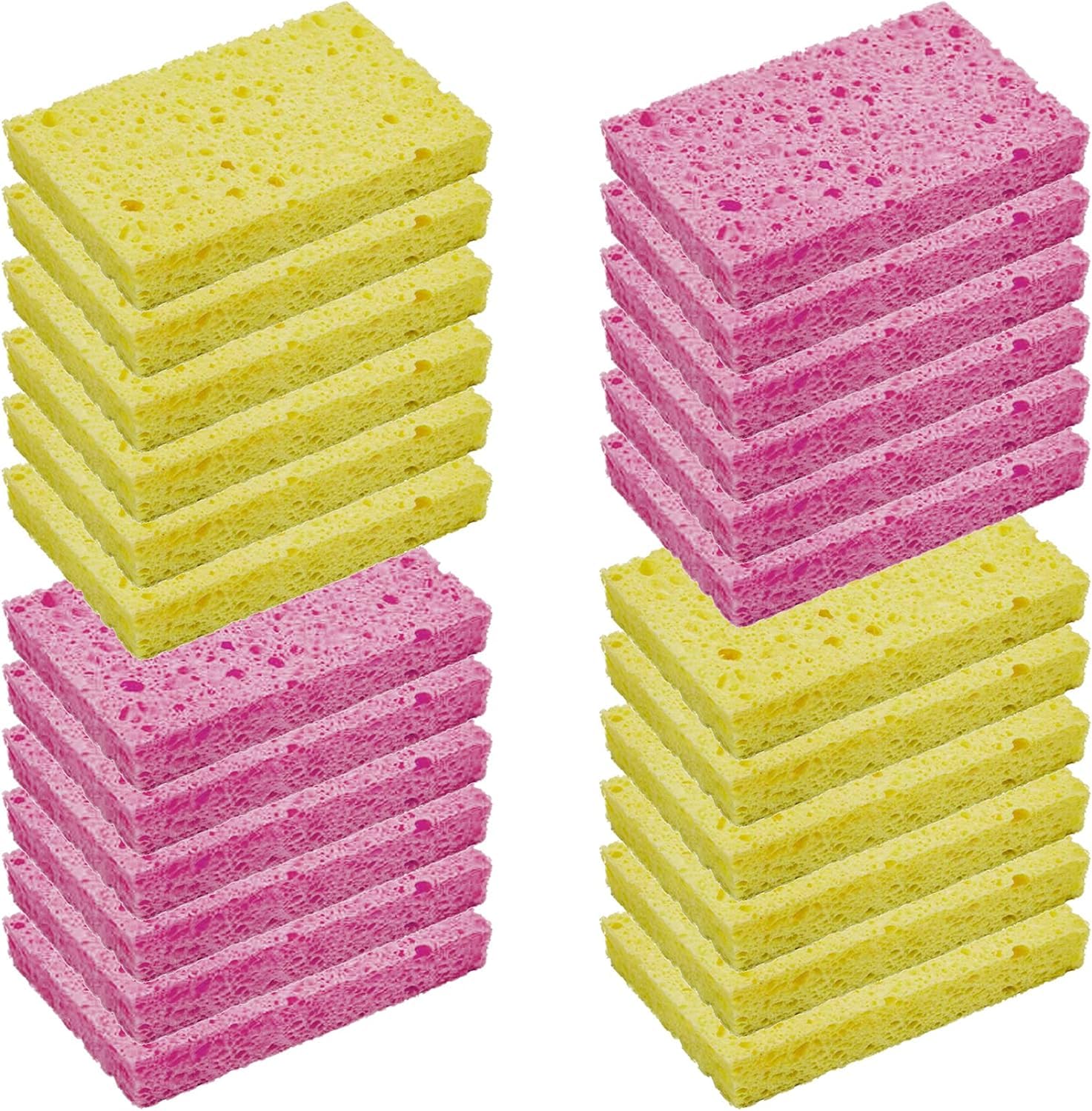 XTECH Kitchen Sponges, 24 Pack Durable Natural Wood Pulp Sponges for Dishes, Absorbent Cellulose Sponges Bulk for Cleaning Kitchen, Bathroom, DIY for Kids, 4.3" x 2.6" x 0.6" (Pink-yellow)