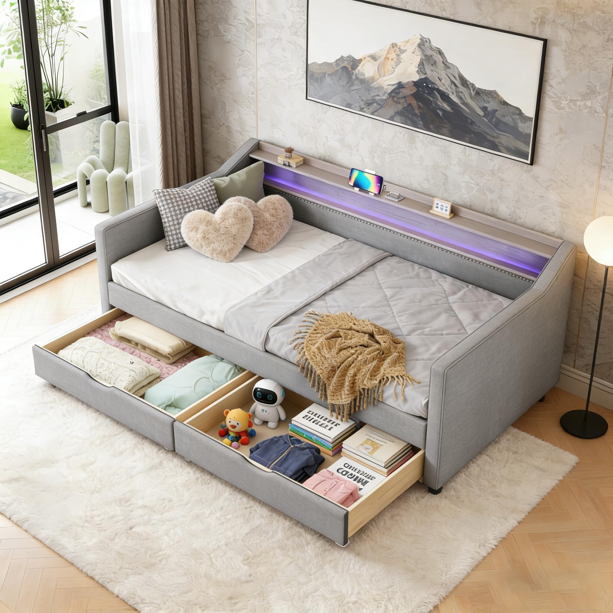 FAVSH Upholstered Daybed with Two Drawers and 2-Tier Storage Shelf, Twin Size Day Bed with USB & LED Light for Bedroom Apartment, Light Grey