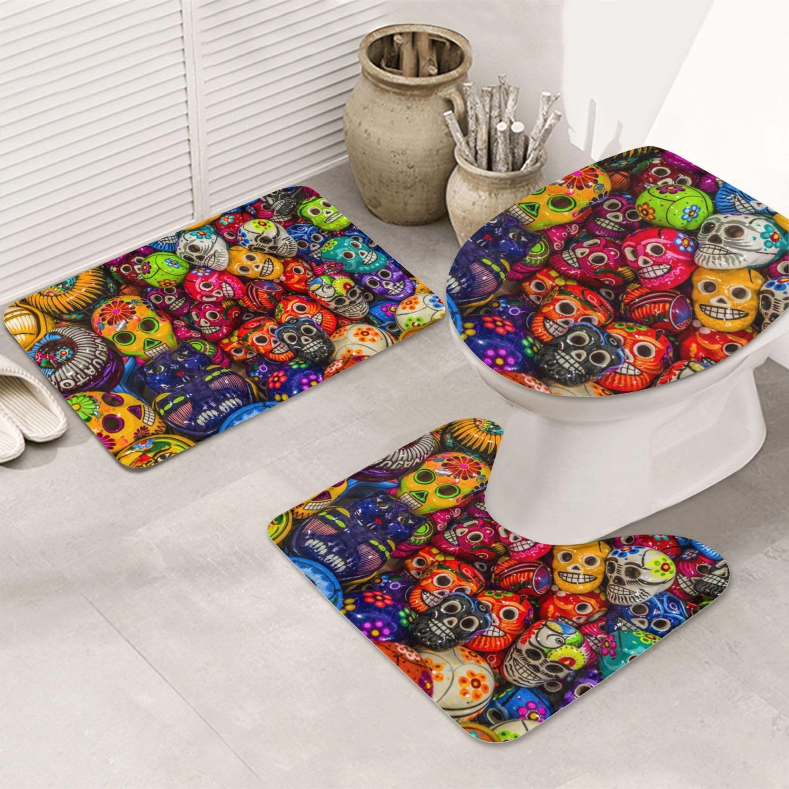 OUSIKA Set di tappetini da bagno con stampa artistica popolare messicana, 3 pezzi inclusi, tappetino da contorno assorbente per bagno
