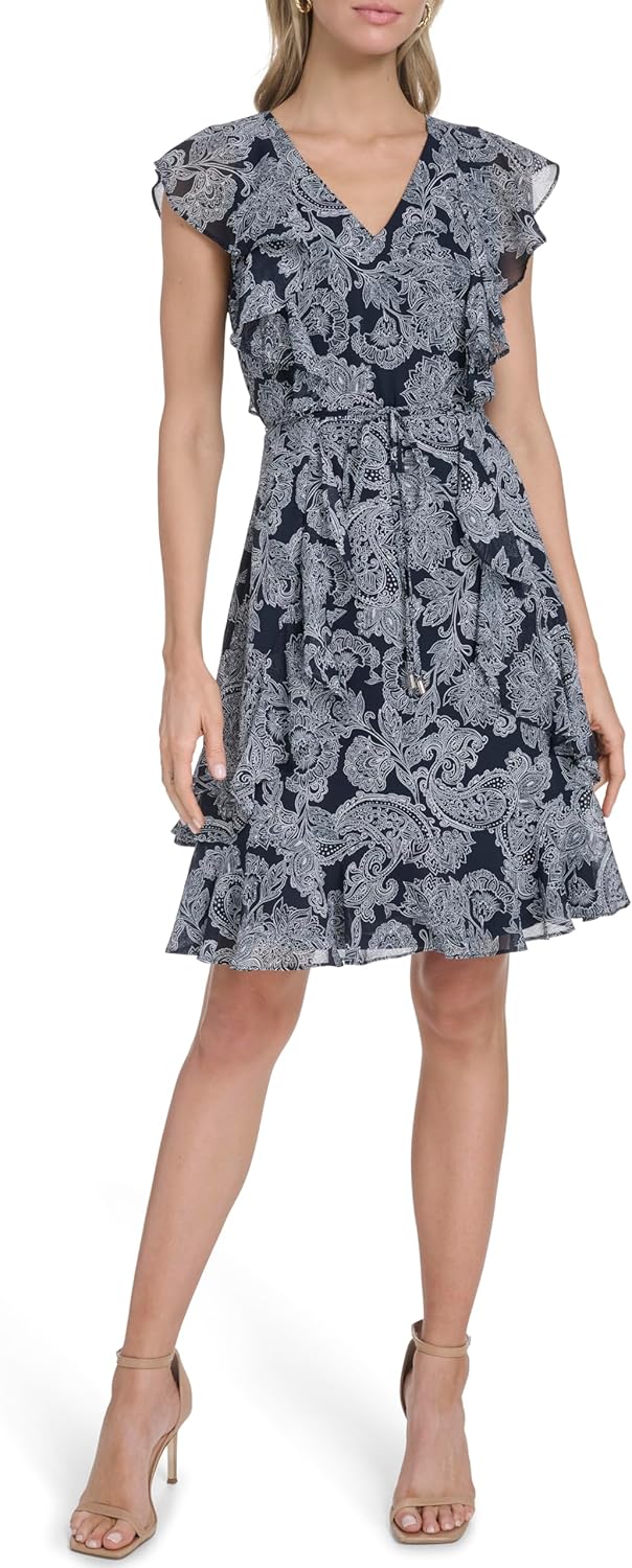 Tommy Hilfiger Womens Ruffle Trim Tie Waist Chiffon Mini Dress - Image 2