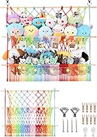 Vista 1 de 2 Tier Stuffed Animal Storage Shelf Net, 35x30'' Large Plushie Net w/ 2.4/1'' Dense Mesh for Mini Medium Stuffy Teddy, Rainbow Boho Macrame Toy