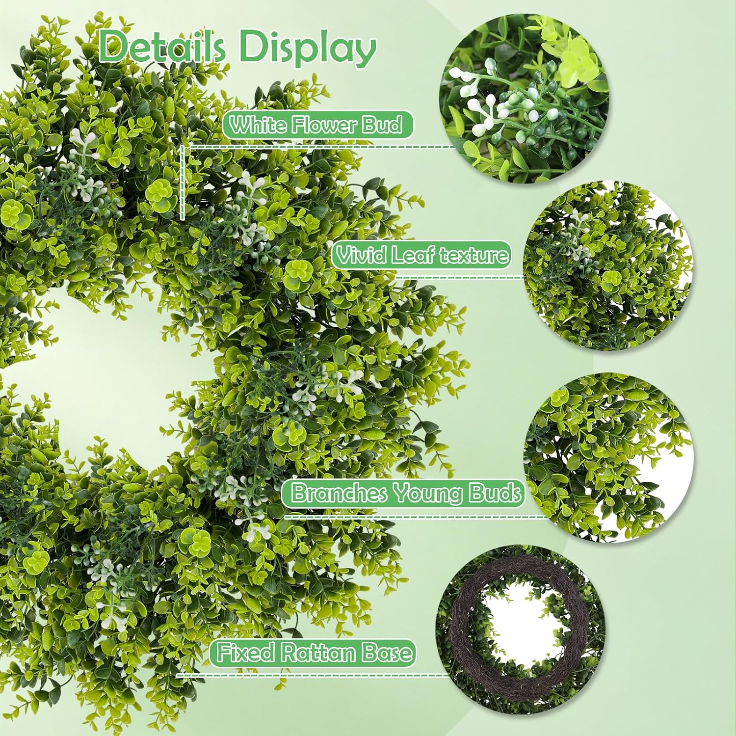 28'' Large Boxwood Wreath for Front Door, Artificial Spring Sunmmer Greenery Door Wreath with White Bud, Home Decor for Wall Porch Window Kitchen, All Seasons(Green with Bud)
